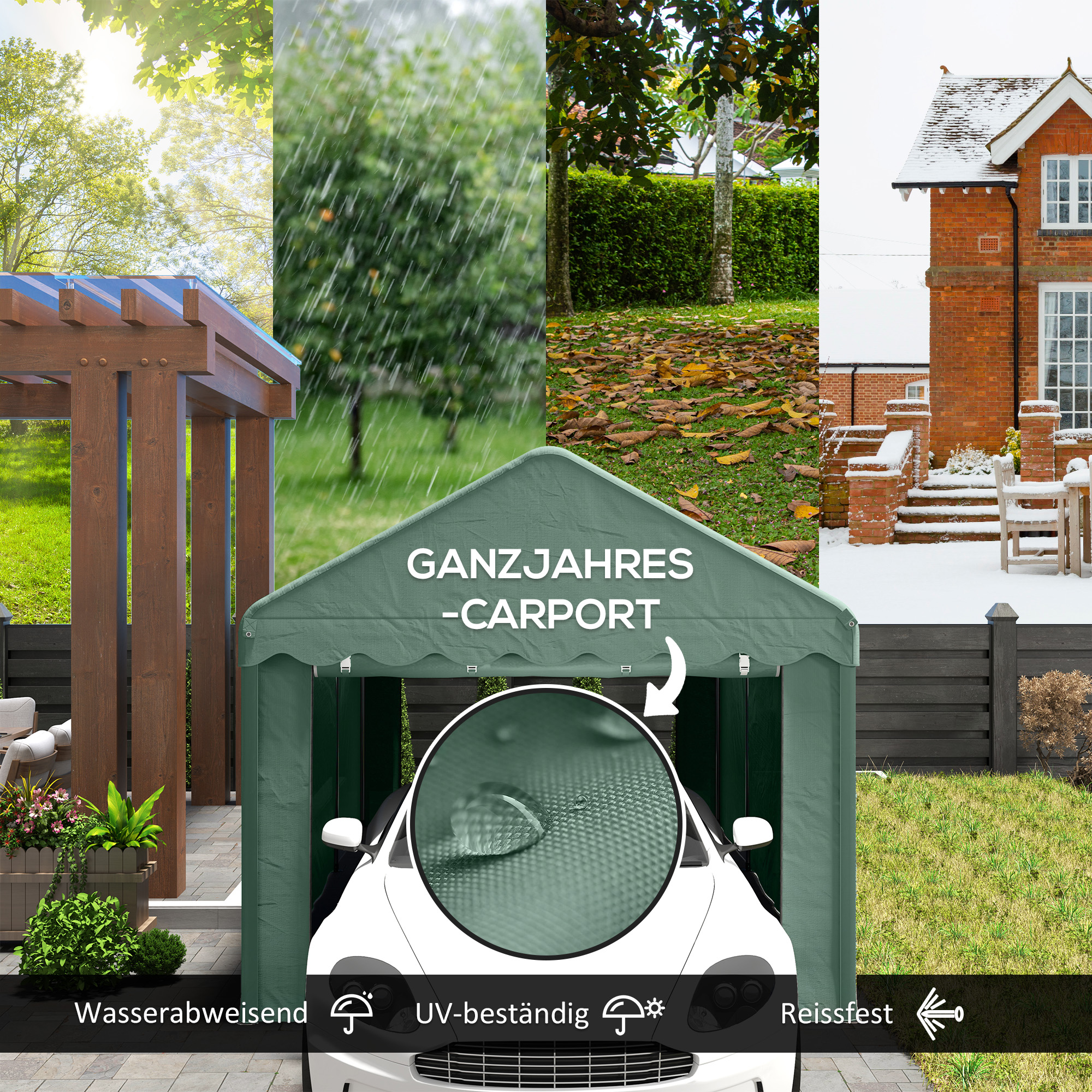 3x6 m Tragbarer Carport, Fahrzeugunterstand mit 2 Eingängen, Polyesterdach, für Autos, Boote, Gartengeräte, Dunkelgrün