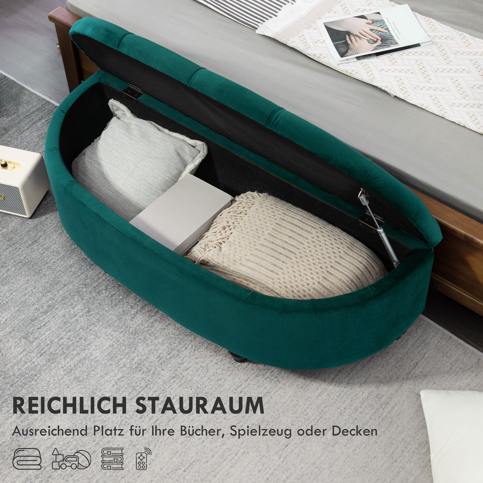Hocker mit Stauraum, Sitztruhe, gepolstert, soft-close Deckel, Samtoptik, 118 x 45 x 45 cm, Dunkelgrau