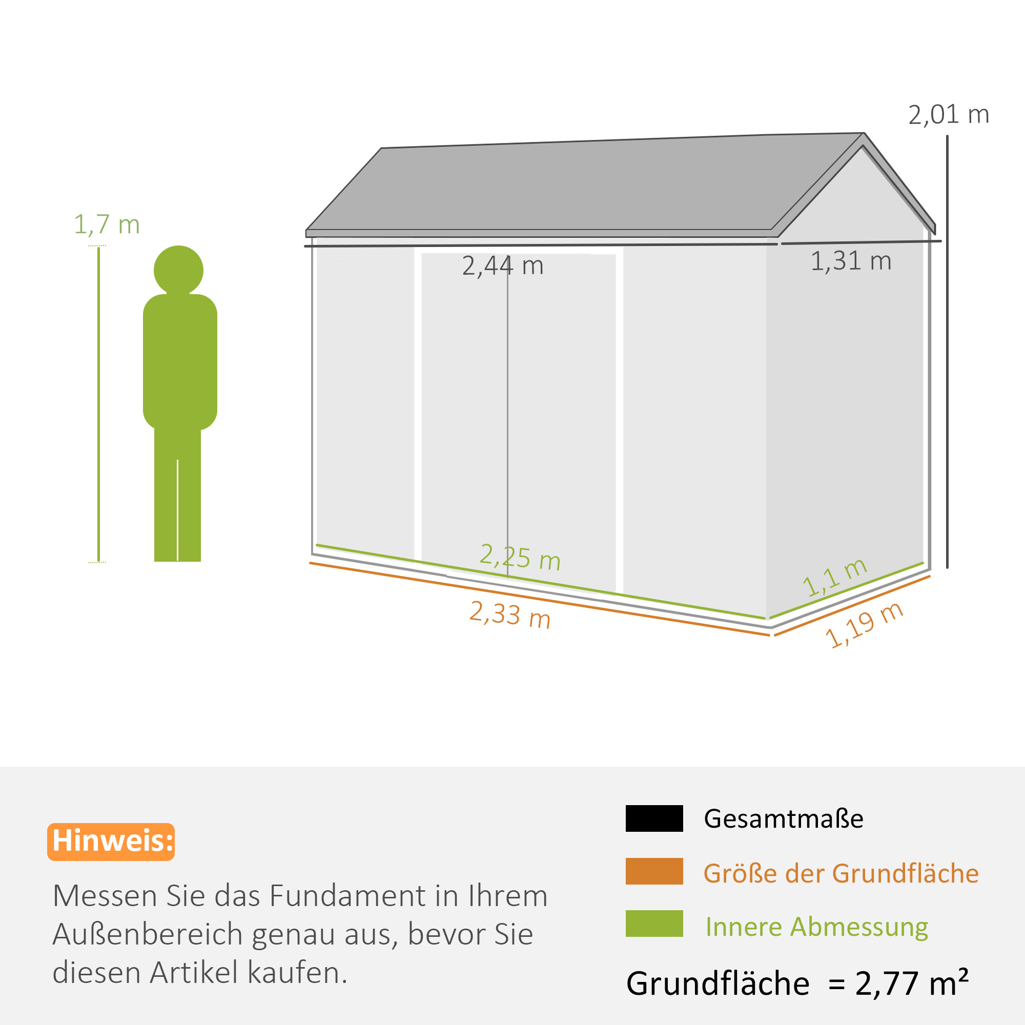 Gerätehaus 2,77 m², Geräteschuppen mit Holzoptik 2 Fenster Doppeltür Belüftung Boden Schloss Handschuhe