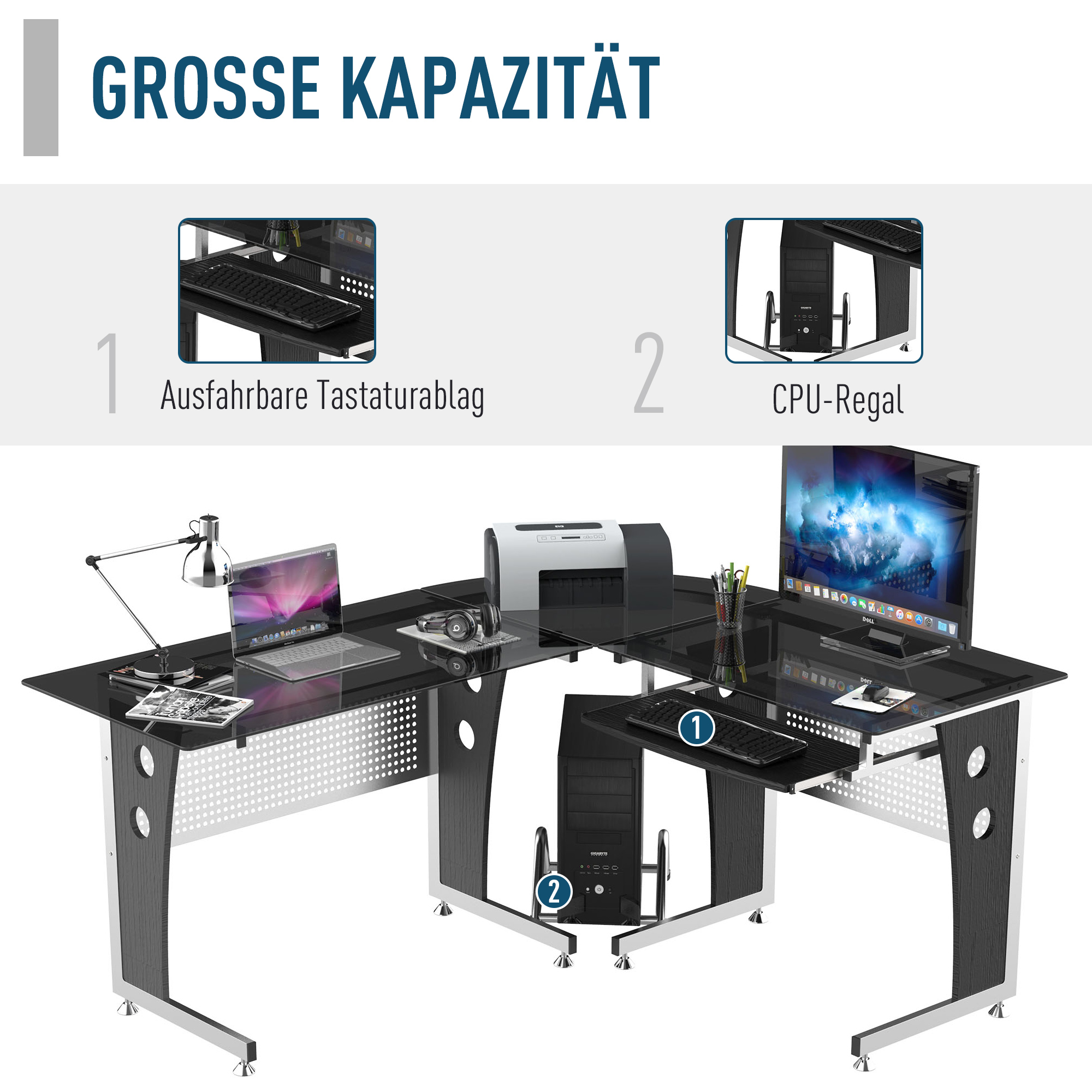 Computertisch Eckschreibtisch Schreibtisch Bürotisch PC Tisch mit schwarzem Sicherheitsglas L-förmig 164x139x75 cm