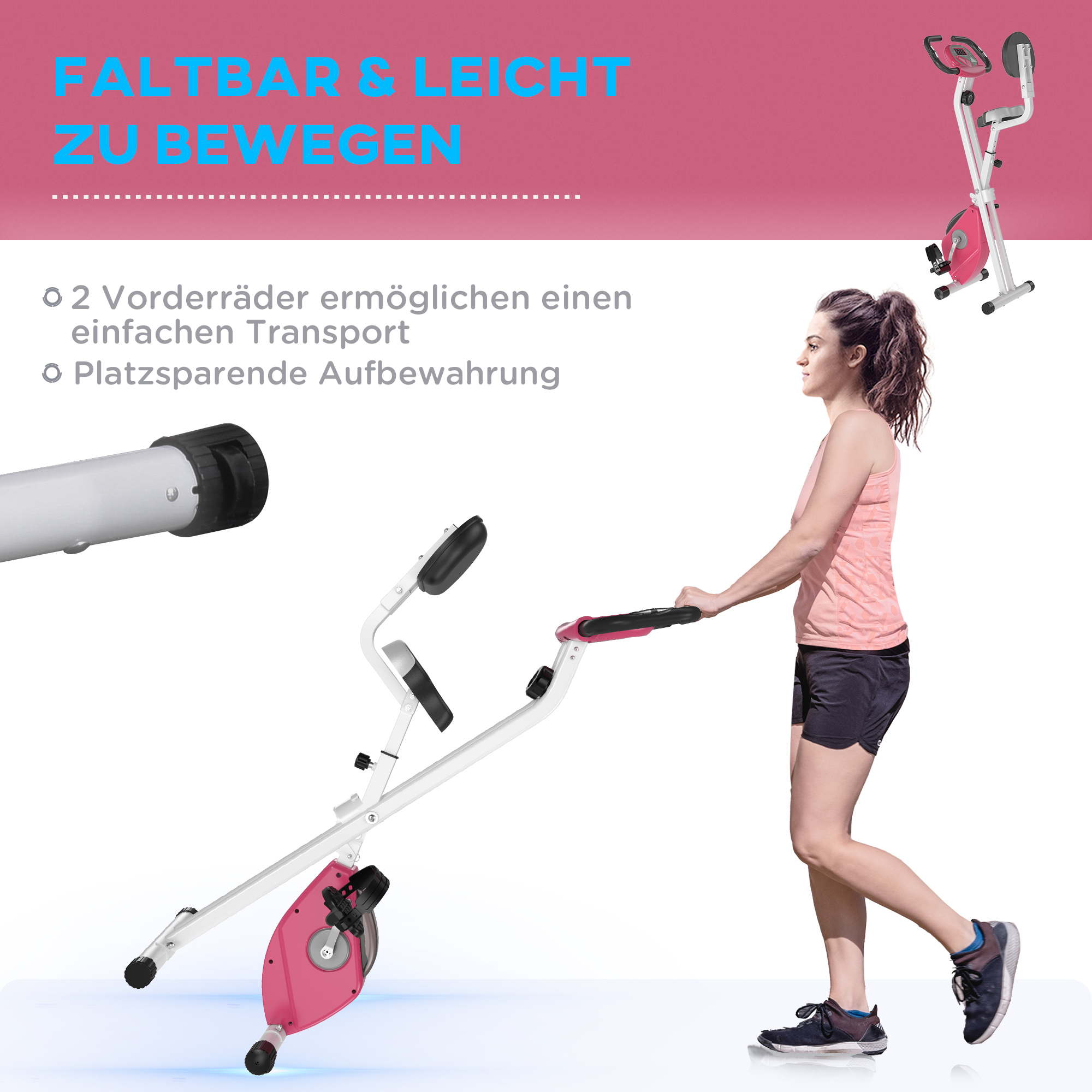 Heimtrainer Fahrradtrainer klappbar Magnetisch Hometrainer Fahrrad mit LCD Monitor, 8 stufig einstellbarem Magnetwiderstand, Platzsparend Fitnessbikes für Zuhause Rosa+Weiß