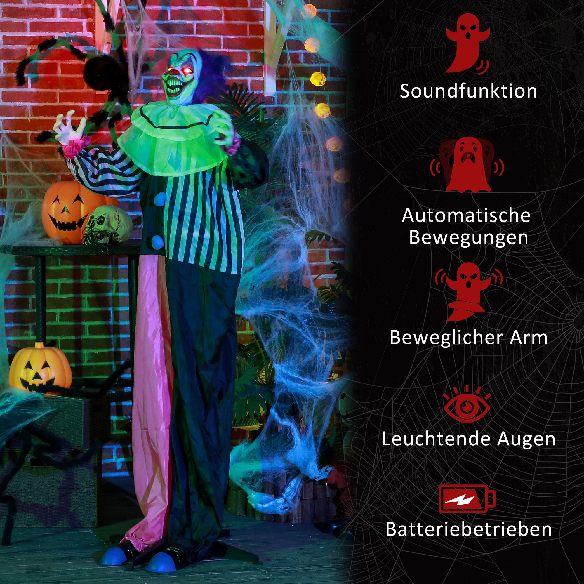 Grusel-Clown Halloween-Dekoration, beweglich, Lach-Funktion, Pink+Lila