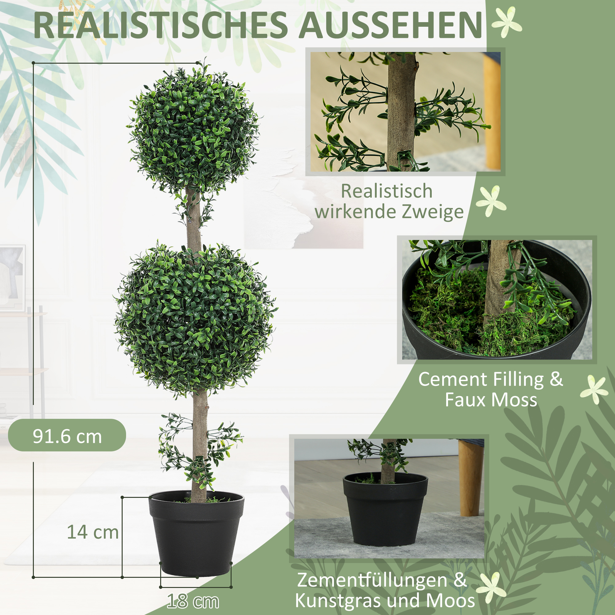 2er-Set Kunstpflanzen, Künstliche Buchsbaum-Pflanzen, UV-geschützt, mit Topf, Grün