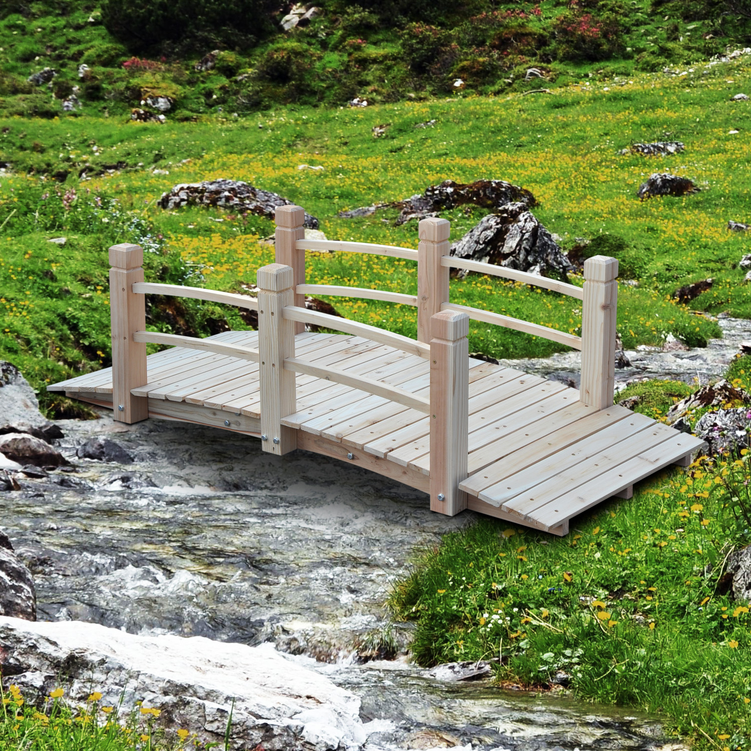 Gartenbrücke Holzbrücke Holzsteg Teichbrücke Zierbrücke mit Geländer bis 180 kg Tannenholz Natur 152,5 x 67 x 48 cm