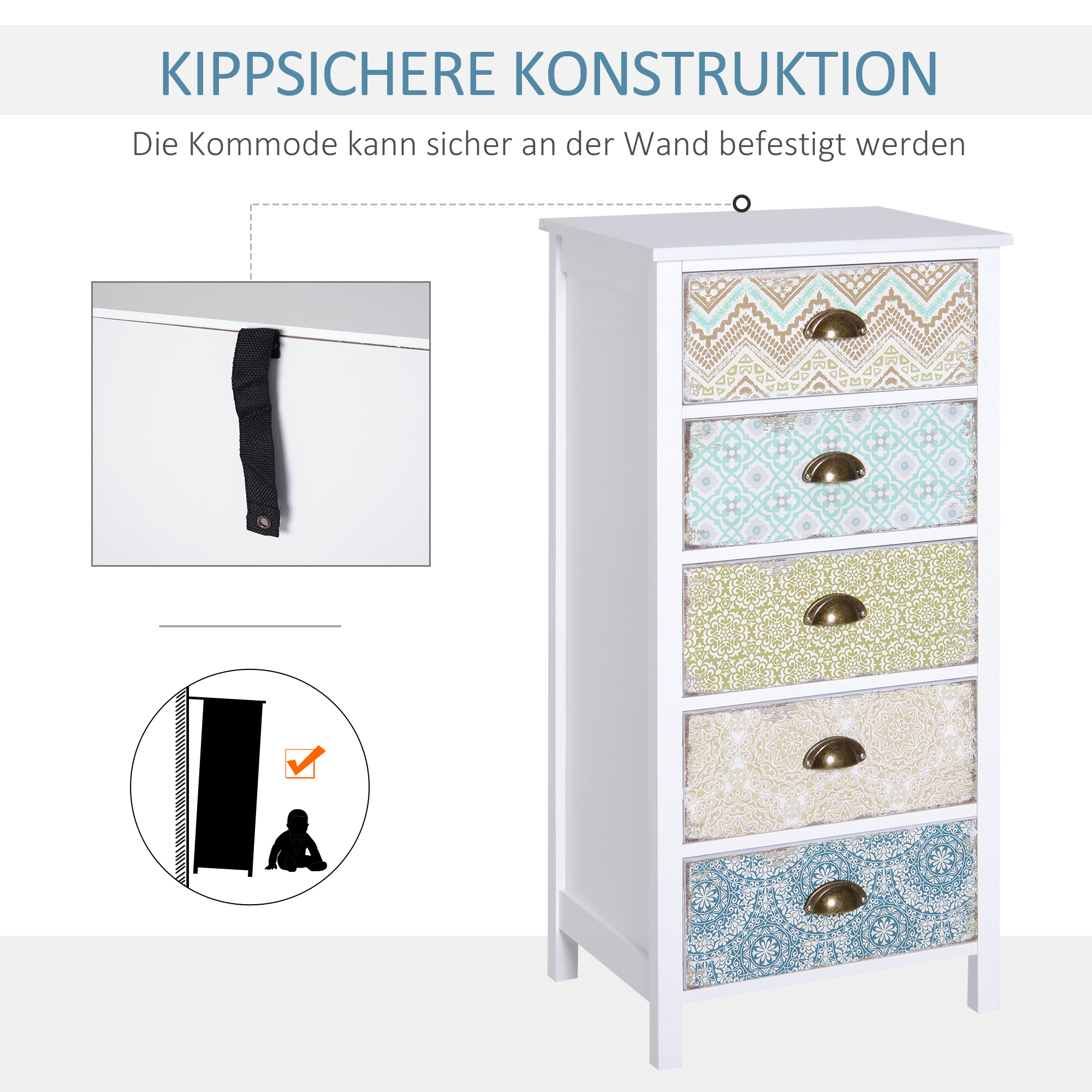 Kommode Schubladenkommode Siedeboard, Modern-Design, 5 Schubladen, 46 cm x 34 cm x 97,5 cm, Bunt