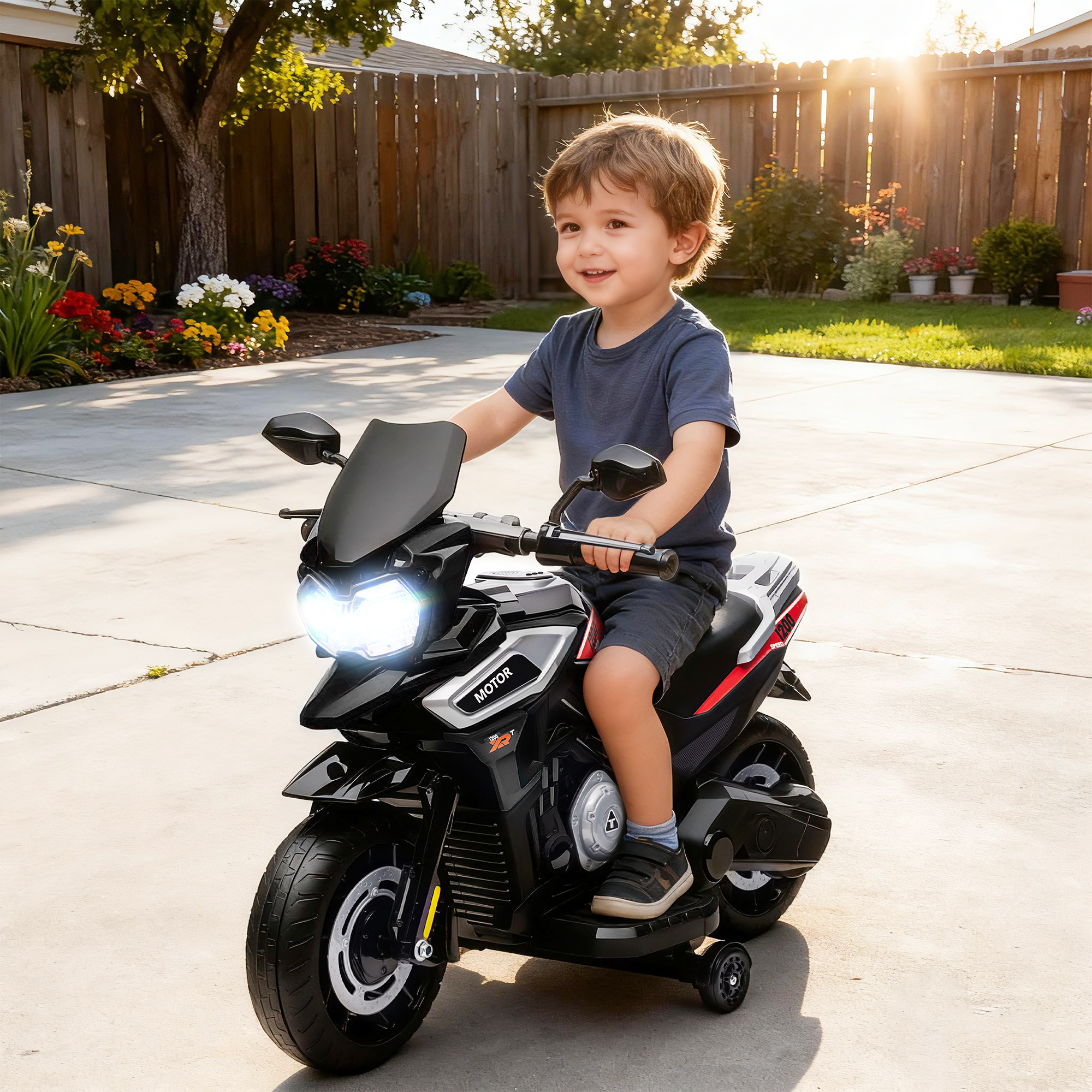 Elektro-Motorrad für Kinder von 18-36 Monaten, Aufsitz-Fahrzeug, Hilfsräder, Lichter, Musik, Kunststoff, Stahl, Schwarz