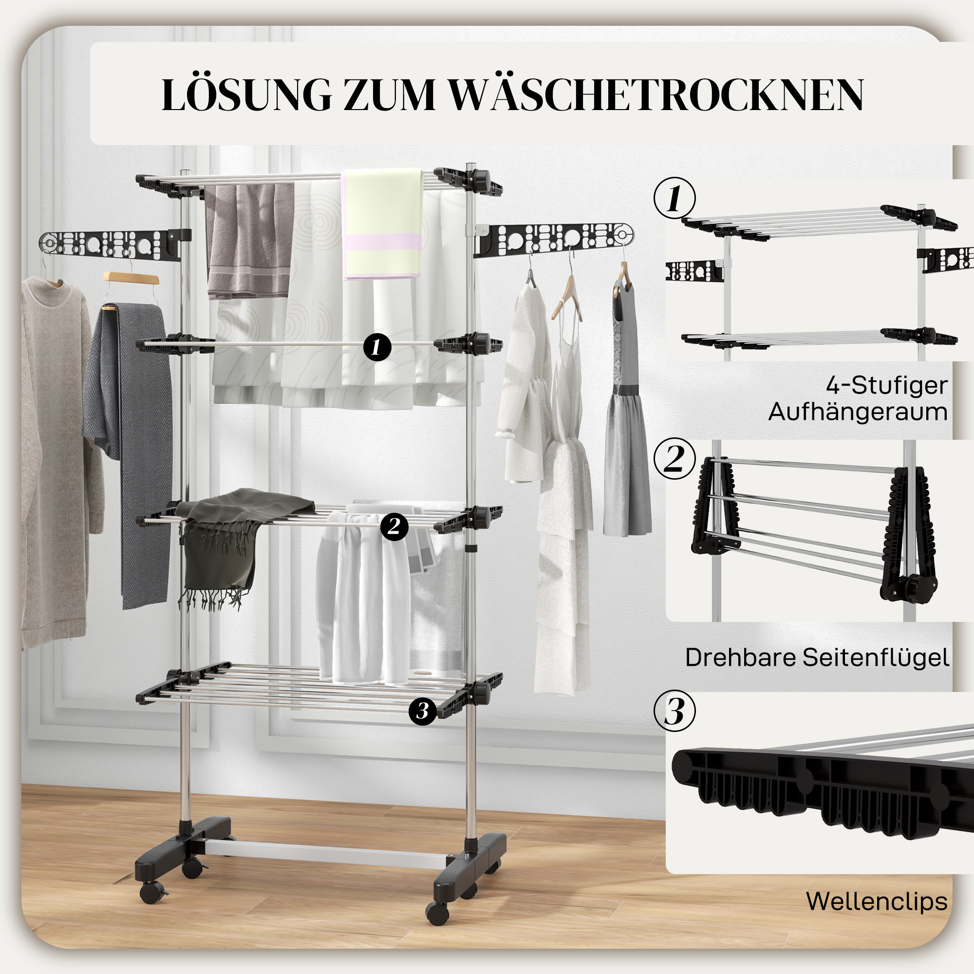 Wäschenständer Wäschetrockner 5 Ebenen, klappbar, One-Klick-System, 142 cm x 55 cm x1 72 cm, Schwarz + Silber