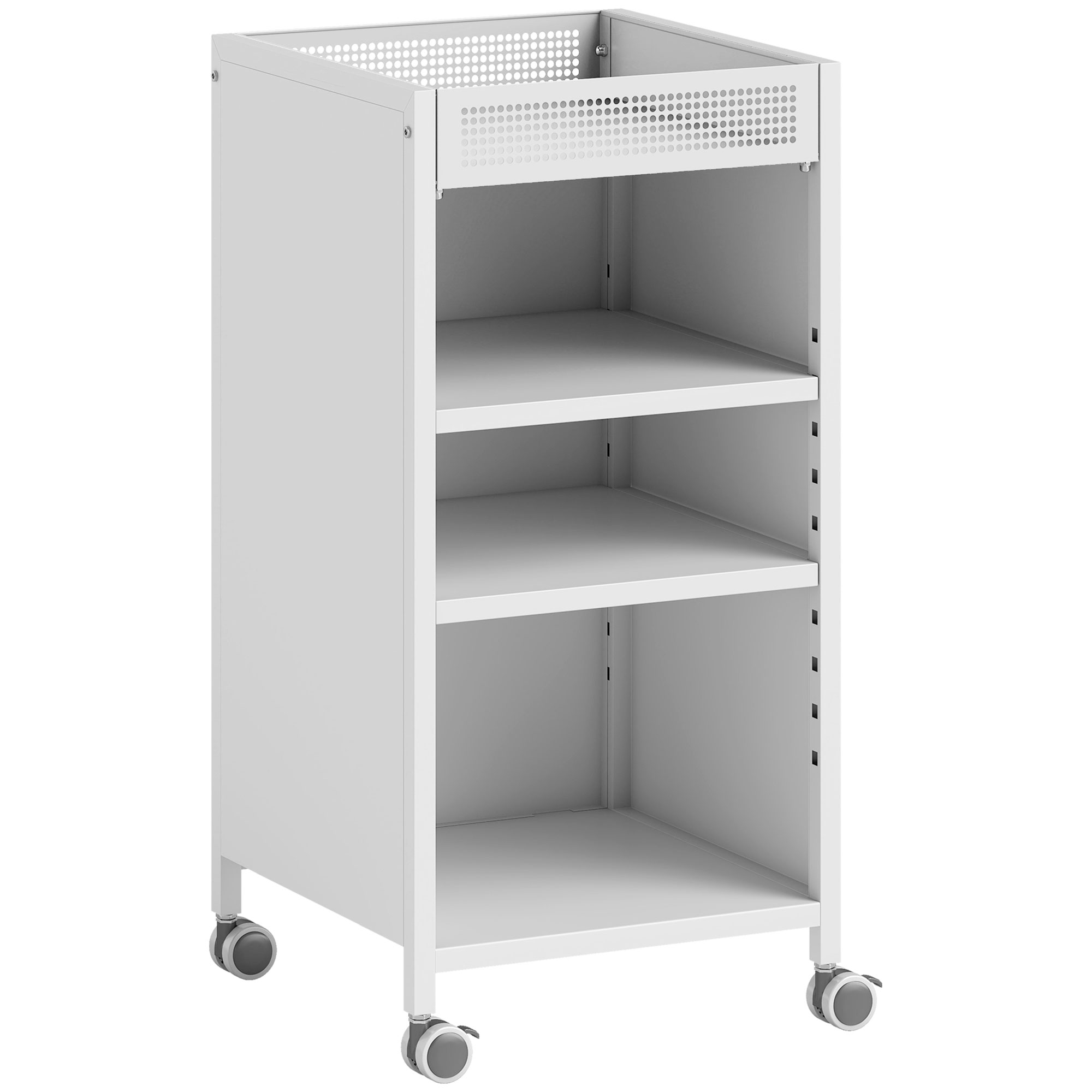 Bücherregal mobil mit verstellbaren Regalen, 3-stufiger Rollwagen mit oberem Korb, Weiß
