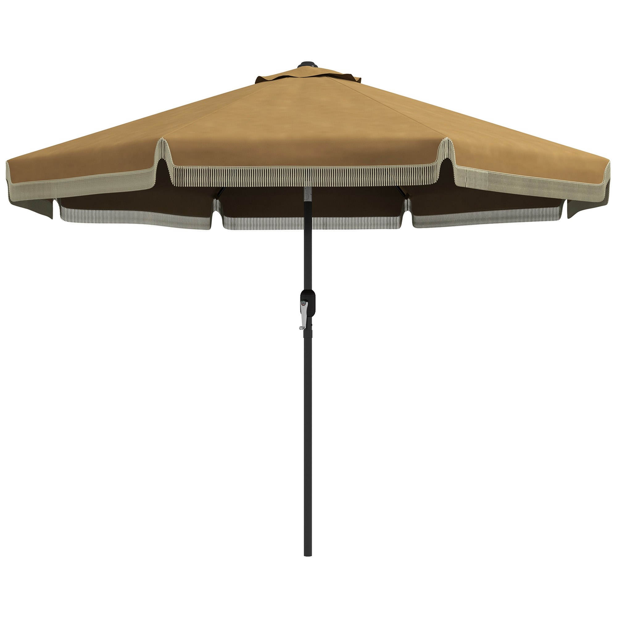 Sonnenschirm mit Fransendekor, Ø265 cm, neigbar, zweiteiliger Metallmast, Windhaube, Khaki/Schwarz