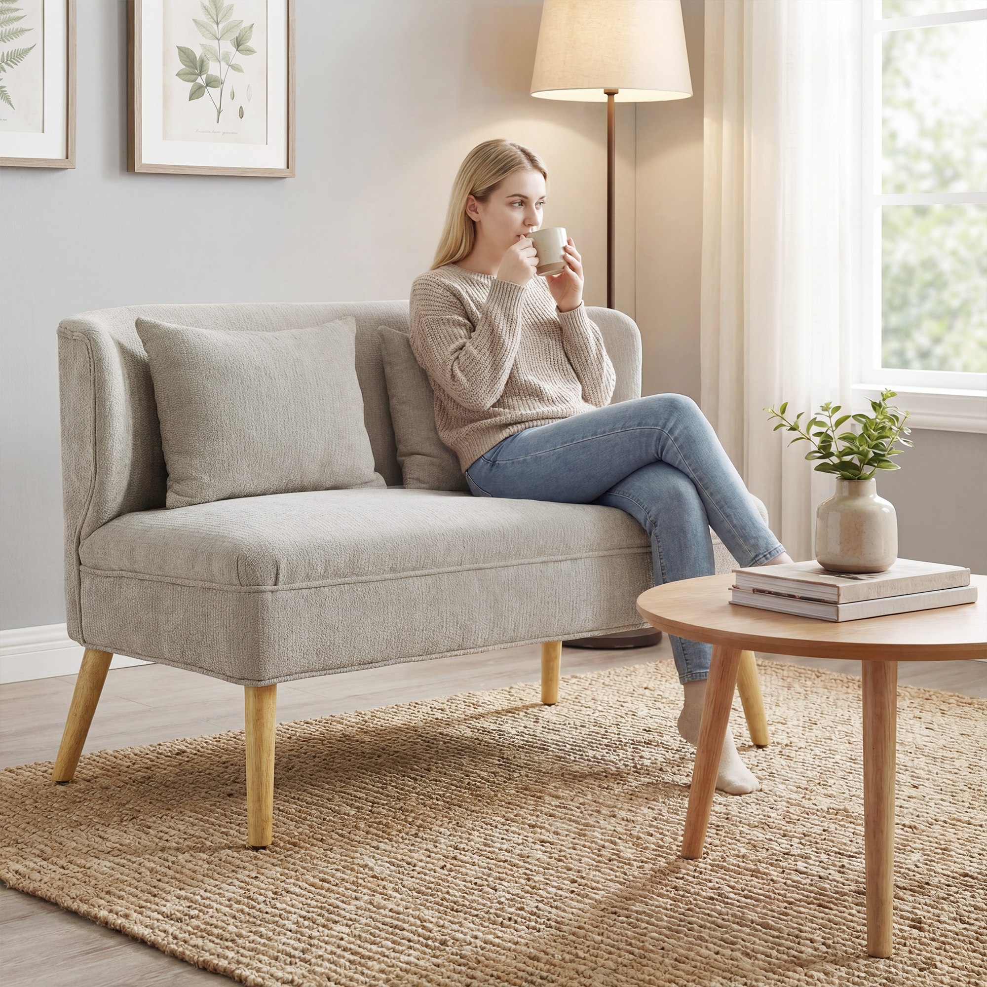 2-Sitzer-Sofa, kleines Chenille-Sofa mit Flügelrücken, dickem Sitz, Gummibaumholzfüßen, Beige