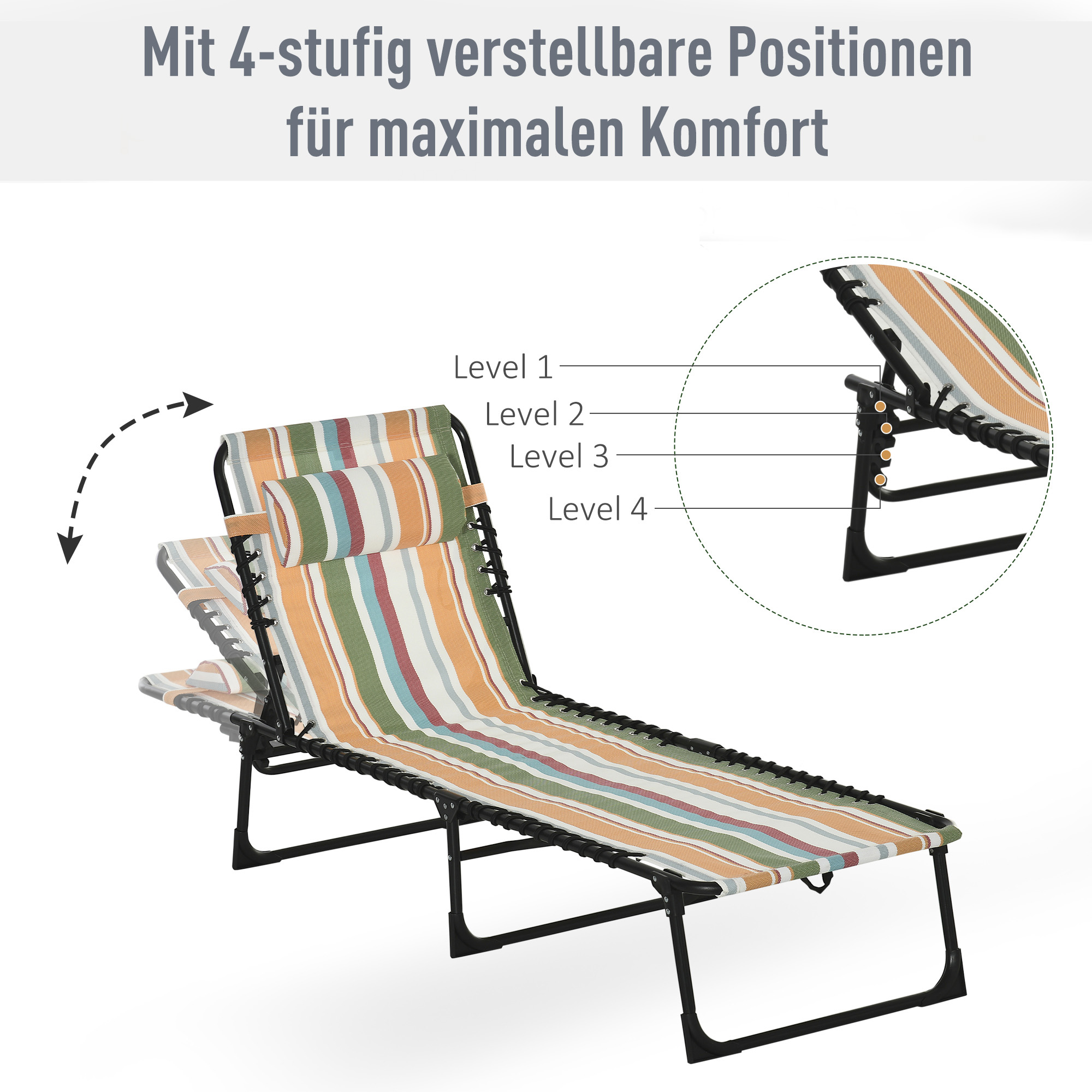 Sonnenliege, Faltbare Gartenliege, Klappliege, 4-stufige Rückenlehne, Stahl, Netzstoff, 189 x 58 x 30 cm, Mehrfarbig