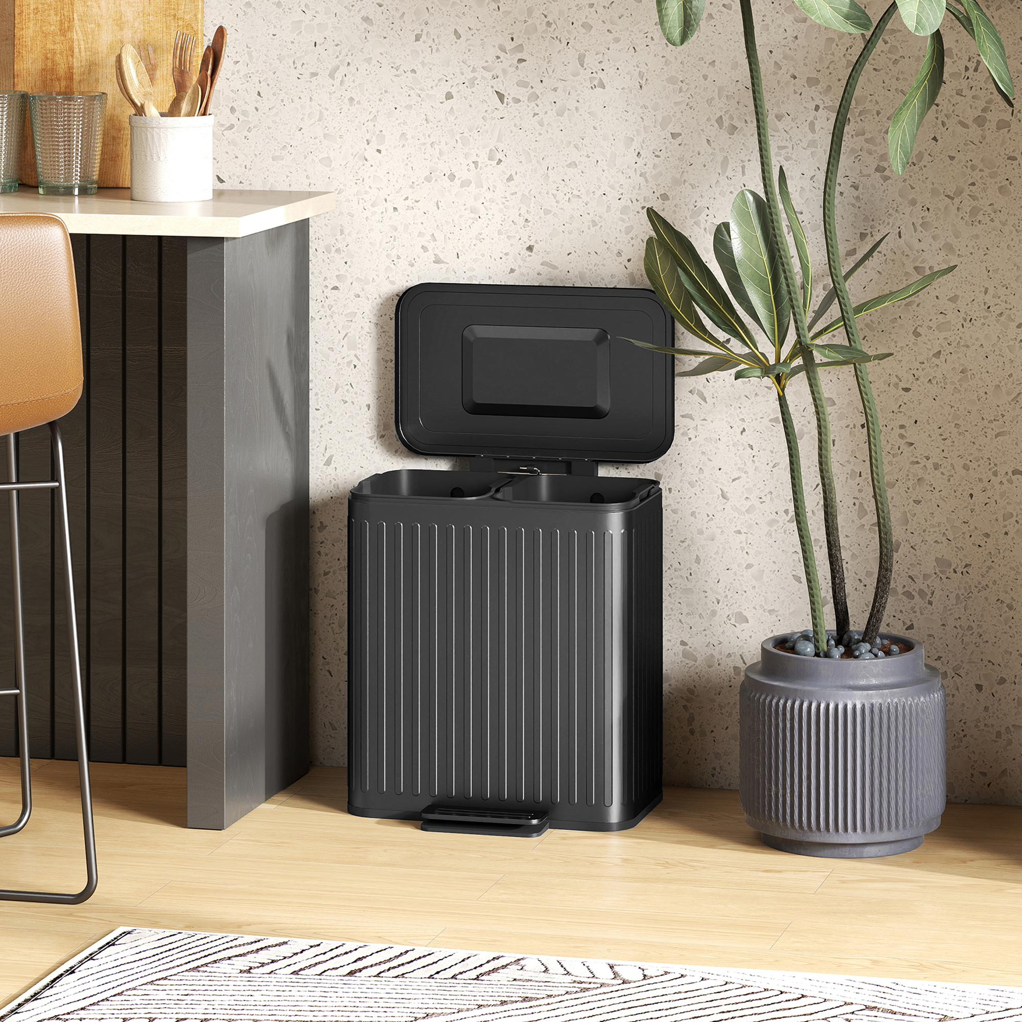 Küchenmülleimer, 2x 20l-Fächer, effiziente Mülltrennung, Fußpedal, Kunststoff, Metall, Schwarz