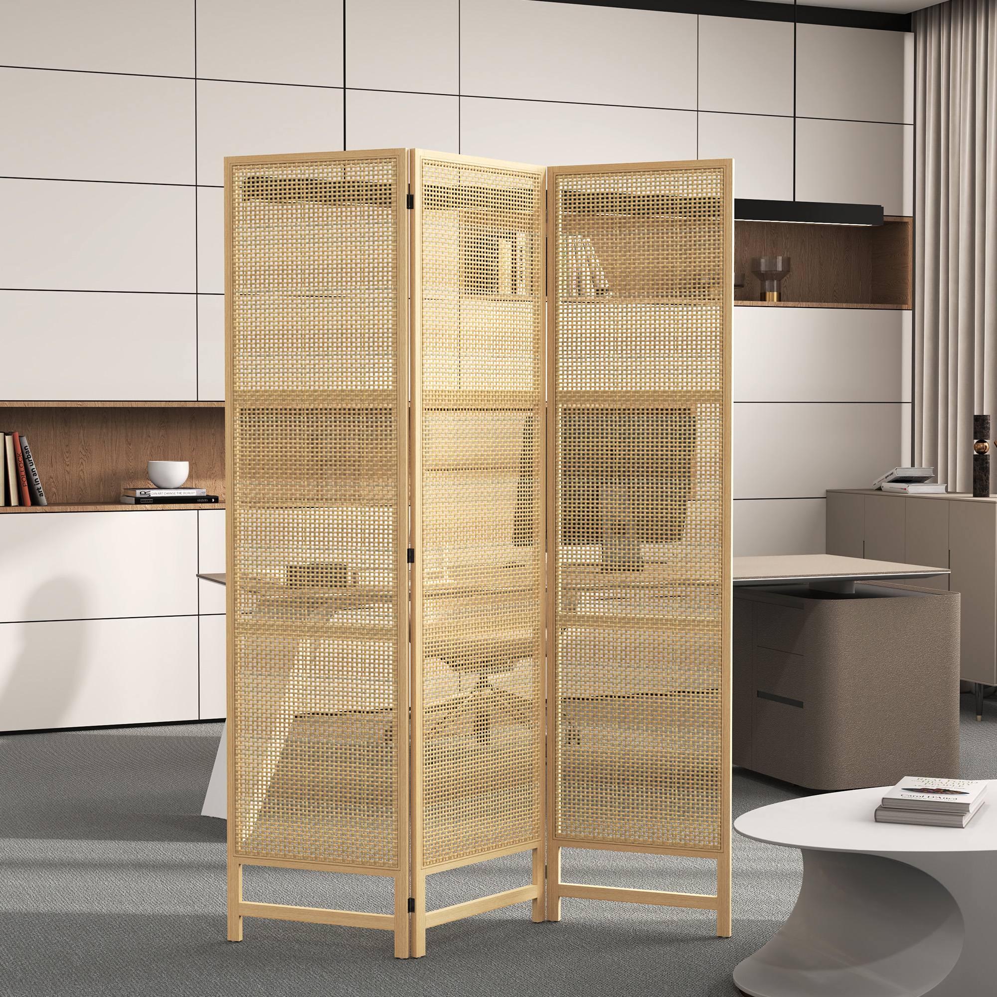 3-teiliger Raumteiler, 180 cm faltbarer Wandschirm, Freistehender Raumtrenner mit handgewebtem Design für Zuhause, Natur