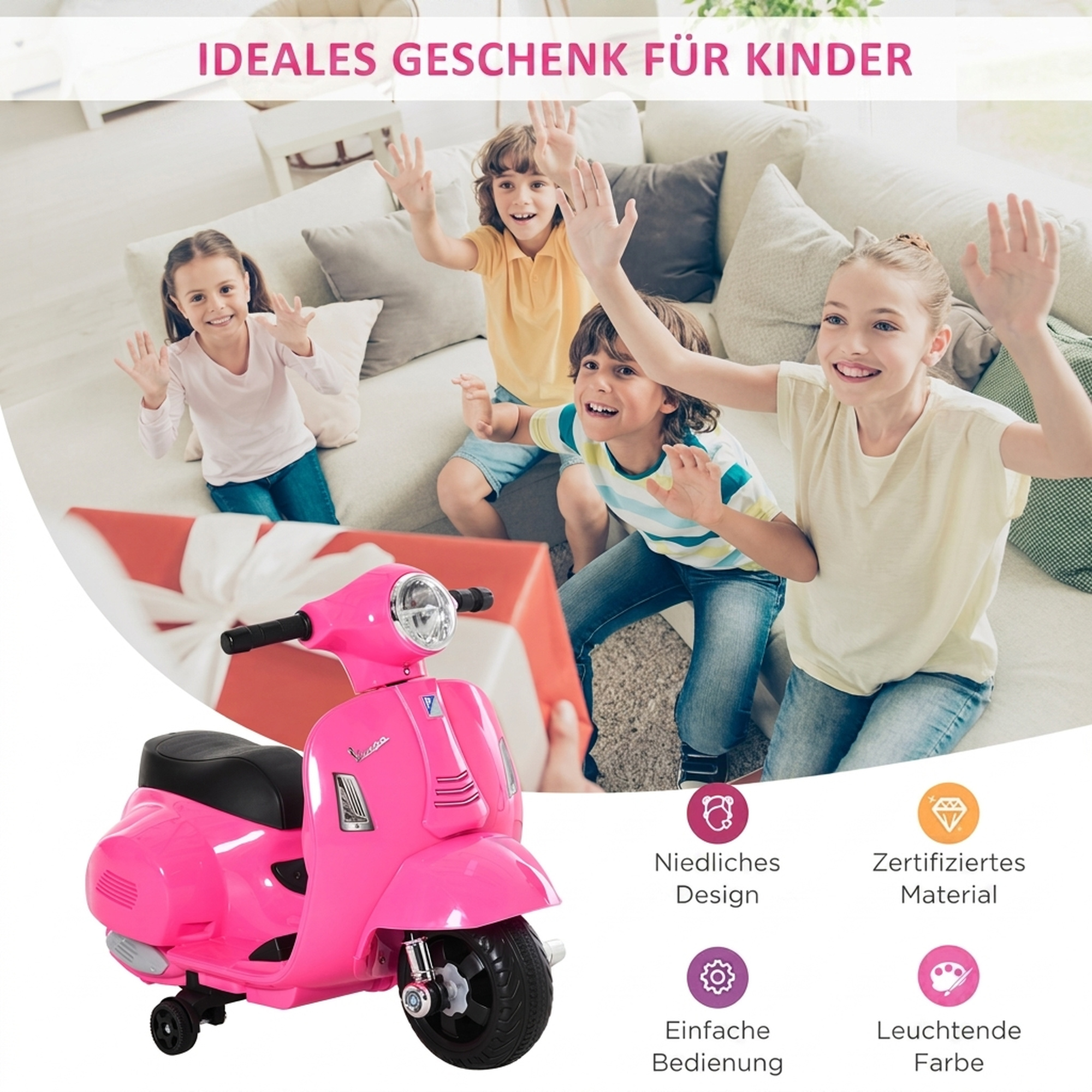 Elektro Motorrad Kinder 6V Elektromotorrad mit Stützrädern, Scheinwerfer, Hupe 3km/h für 1,5-3 Jahren, Rosa