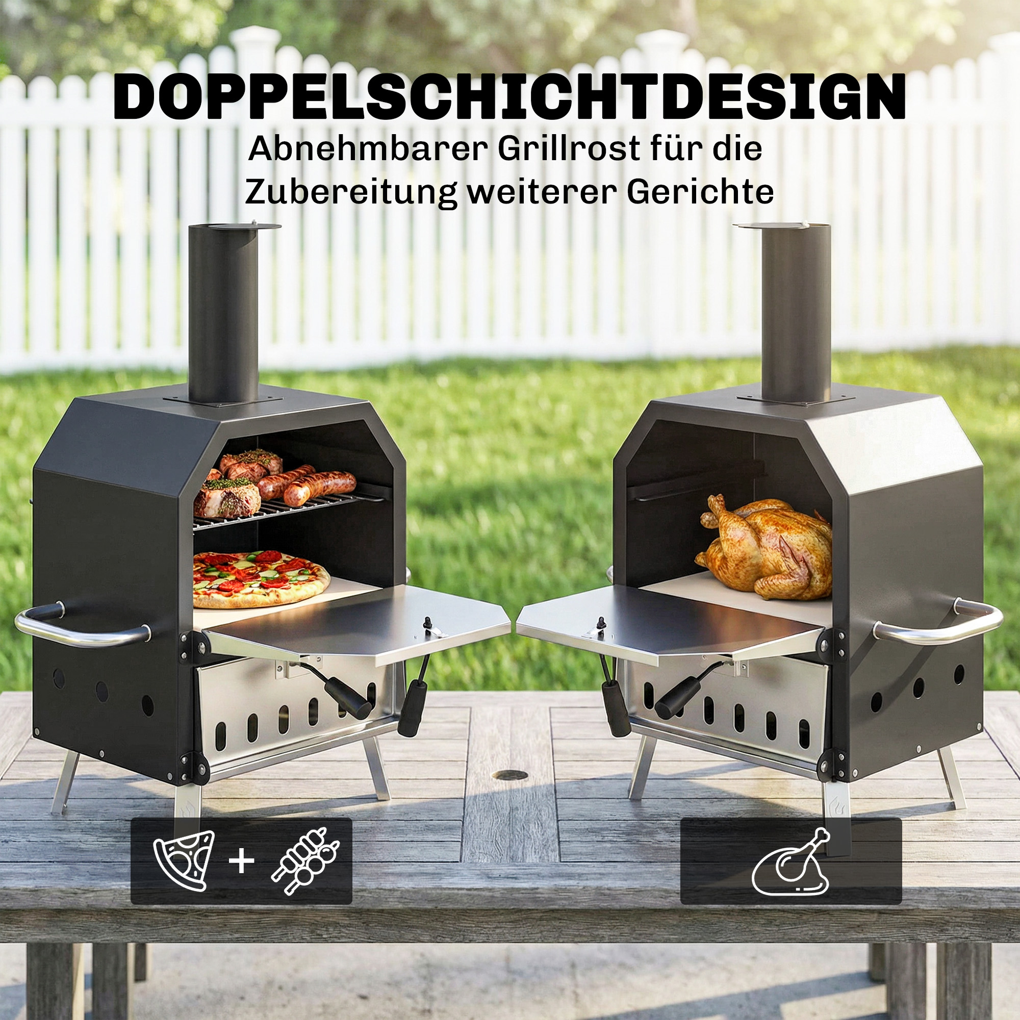 Outdoor-Pizzaofen, holzbefeuerter Pizza-Ofen Edelstahl, 2 Ebenen, Backofen mit Pizzastein