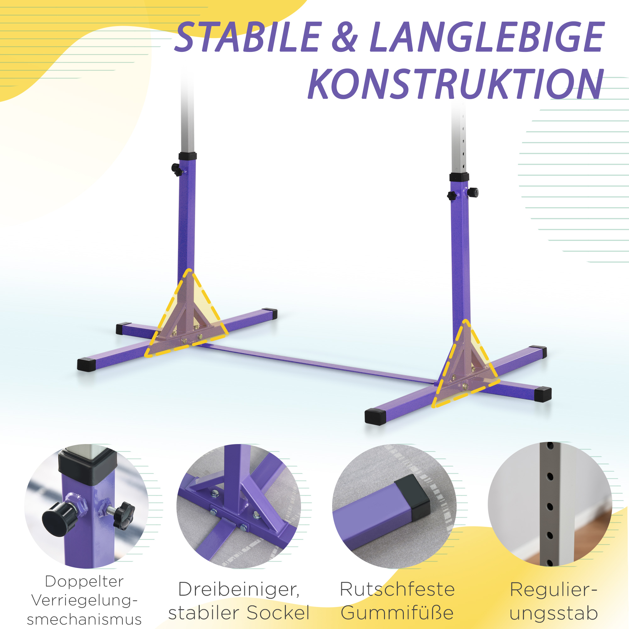 Gymnastik-Turnreck, Reckstange, 13-stufig höhenverstellbar, bis 75 kg belastbar, Stahl, Buchenholz, Lila
