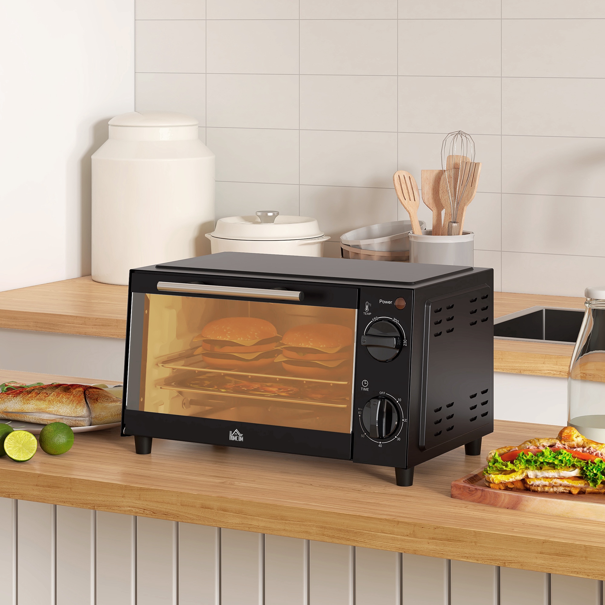 Mini-Backofen, 9 Liter Fassungsvermögen, Einstellbare Temperatur und Garzeit, mit Grillrost und Backblech, Schwarz