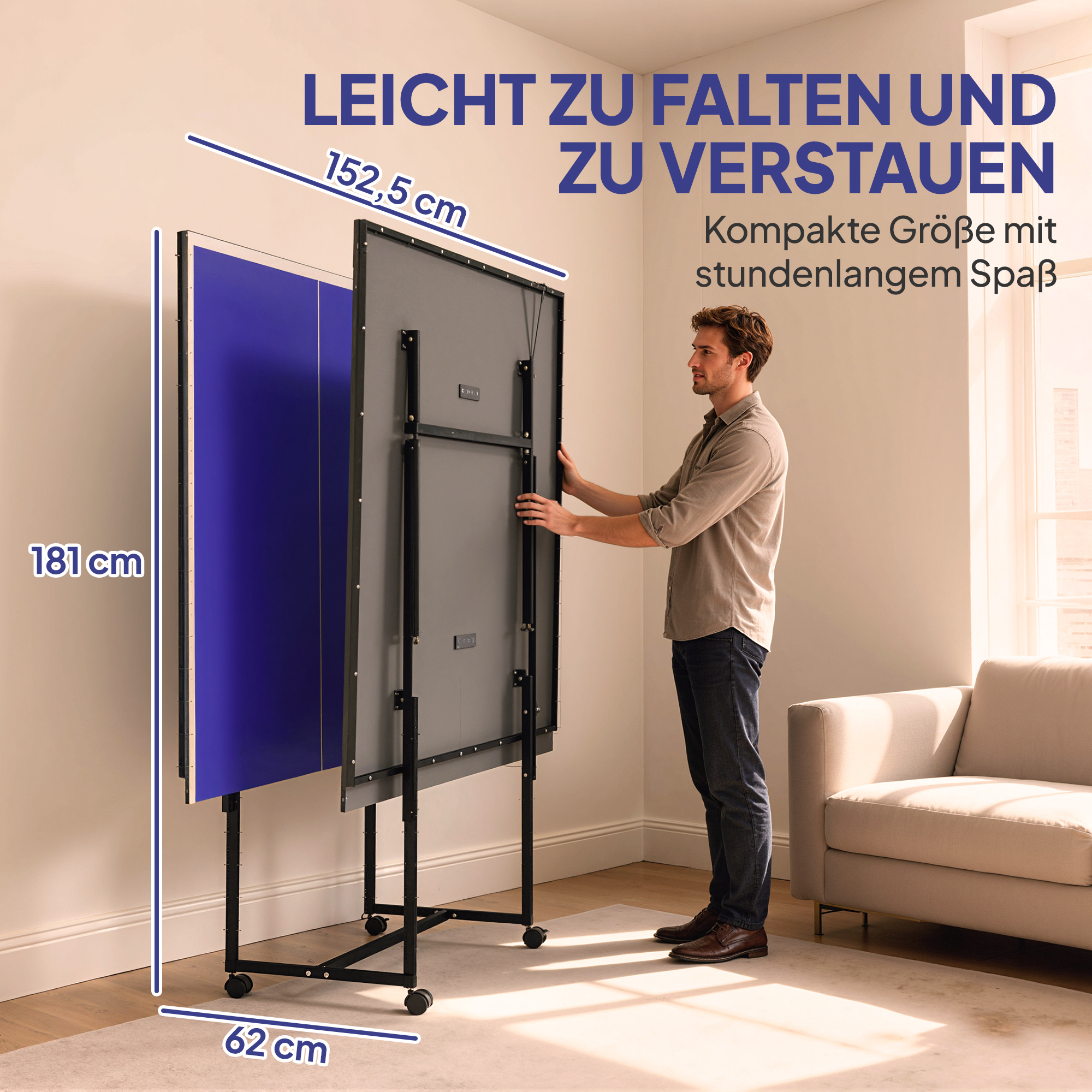 Tischtennisplatte, klappbar, mobil, 2 Schläger, 3 Bälle, Metallrahmen, 274x152,5x76 cm, Blau