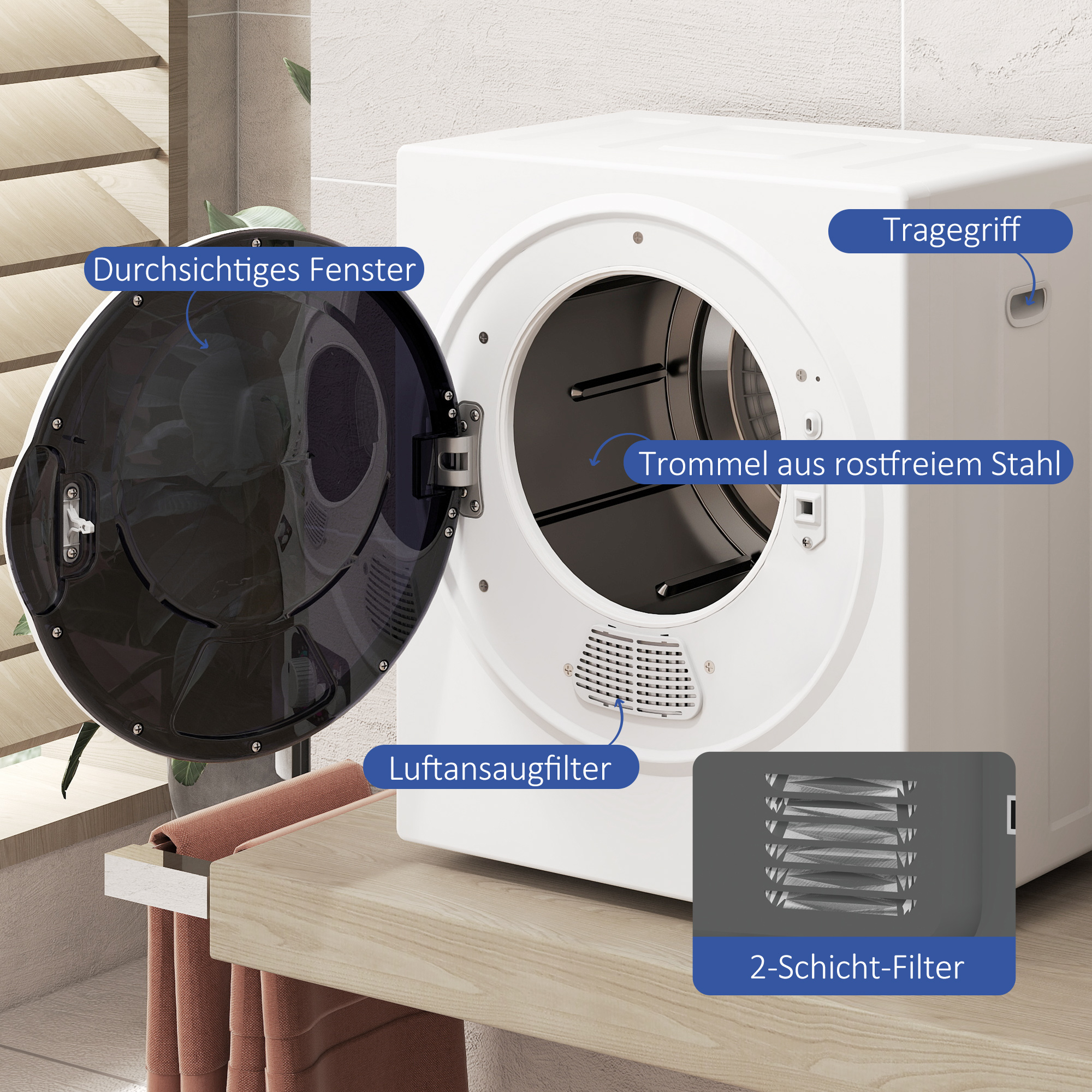 Mini Wäschetrockner 4 kg mit 4 Programme, 2 Heizstufen, Sterilisation bis zu 65? 850W für Kleidung