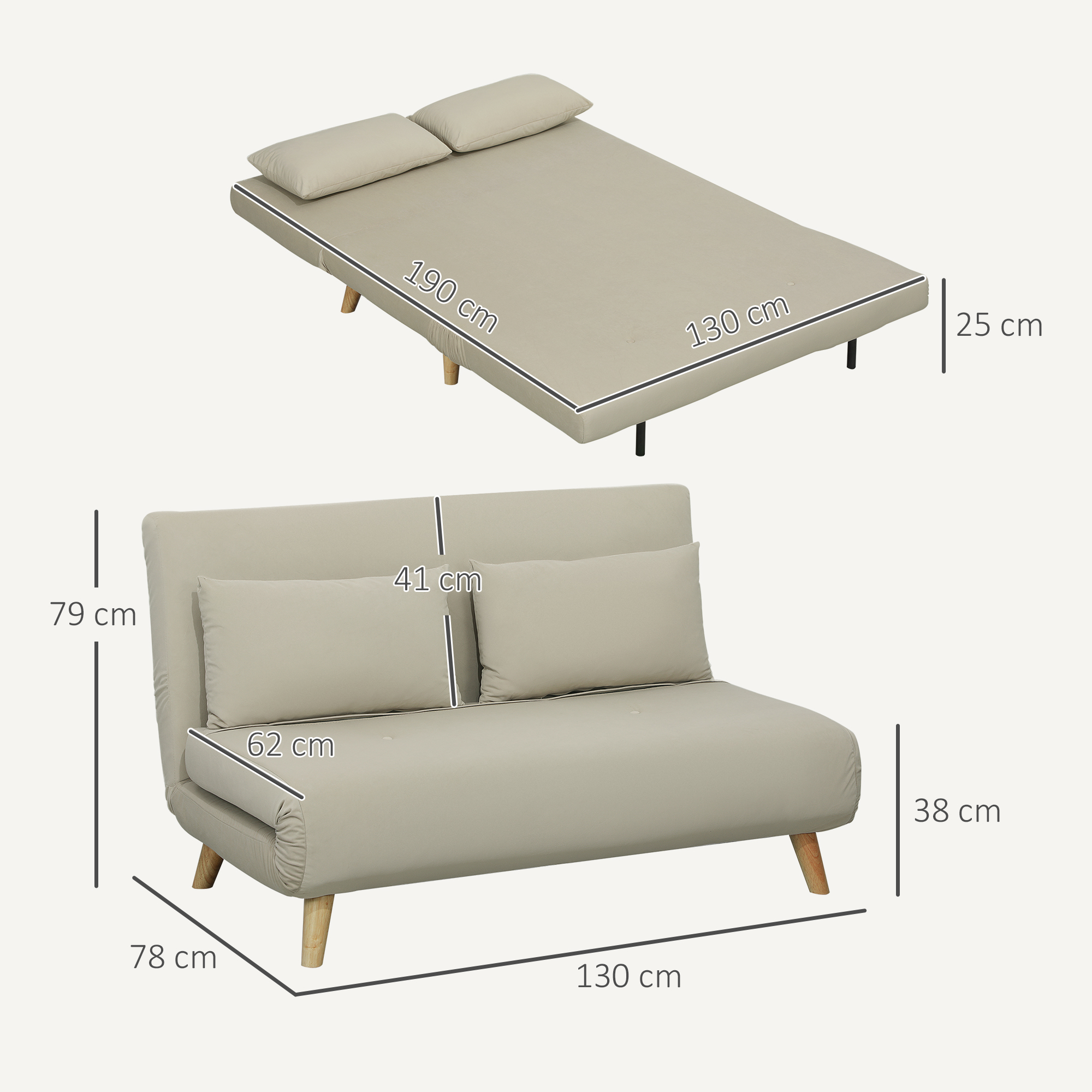 Schlafsofa Relaxsofa Sofa Couch, inkl. 2 Kissen, Samtoptik, 130 x 78 x 79 cm, Beige