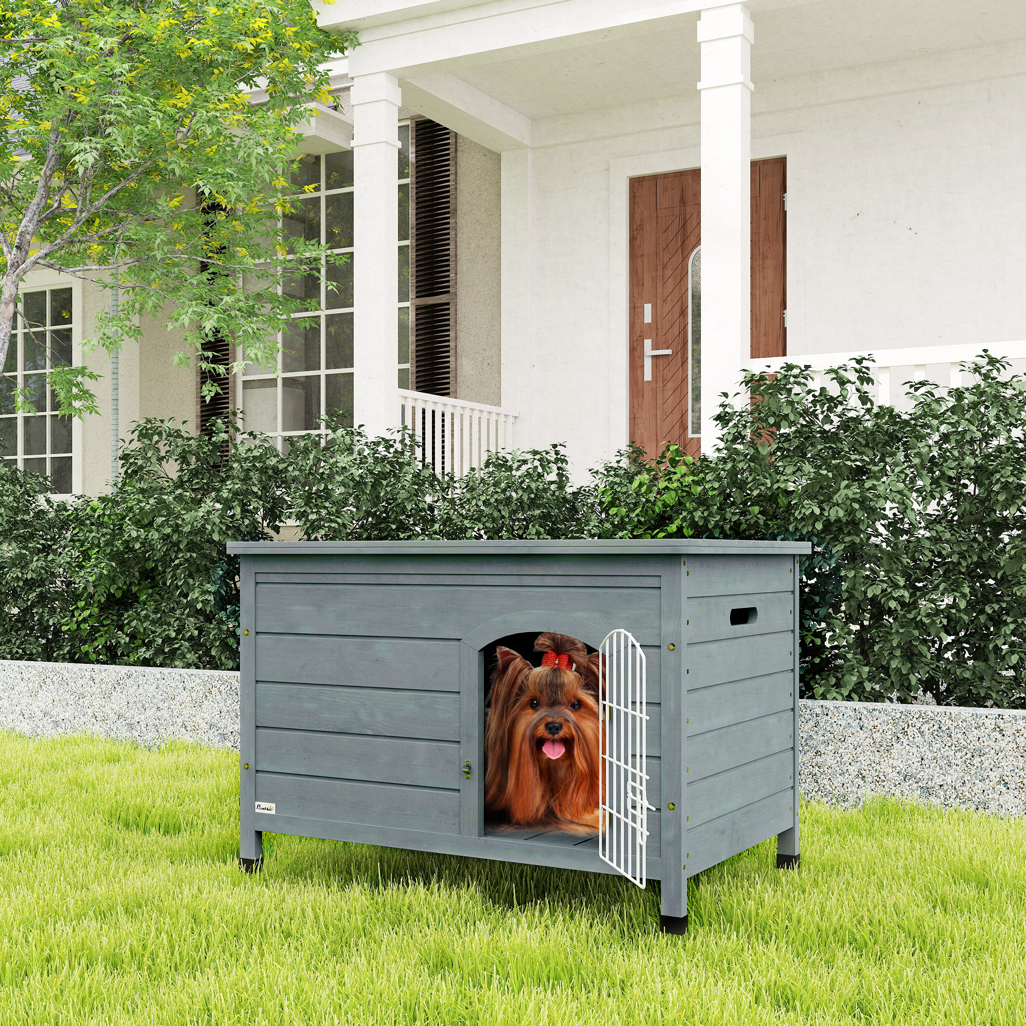 Hundehütte, Hundehaus mit Tür, Hundebox, Haustierhütte, Tannenholz, Dunkelgrau