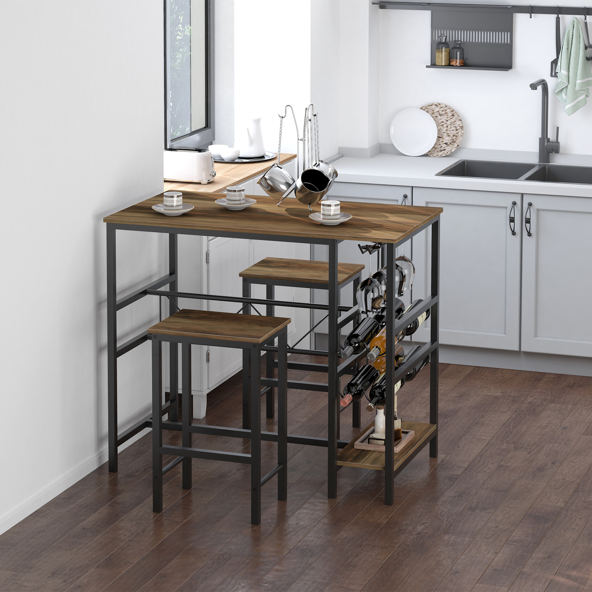Bartisch-Set, Stehtisch mit 2 Barhockern, 3-teiliges Tischset Küchentresen mit Flaschenhalterung Spanplatte, Stahl, Natur+Schwarz, 108 x 60x 95H cm