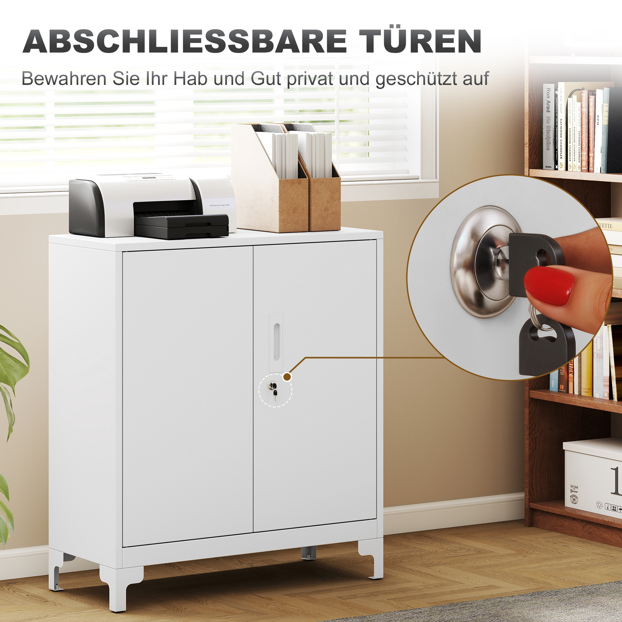 Büroschrank aus Metall, verschließbare Türen, Bürokommode, 2-stufiges Design, Weiß