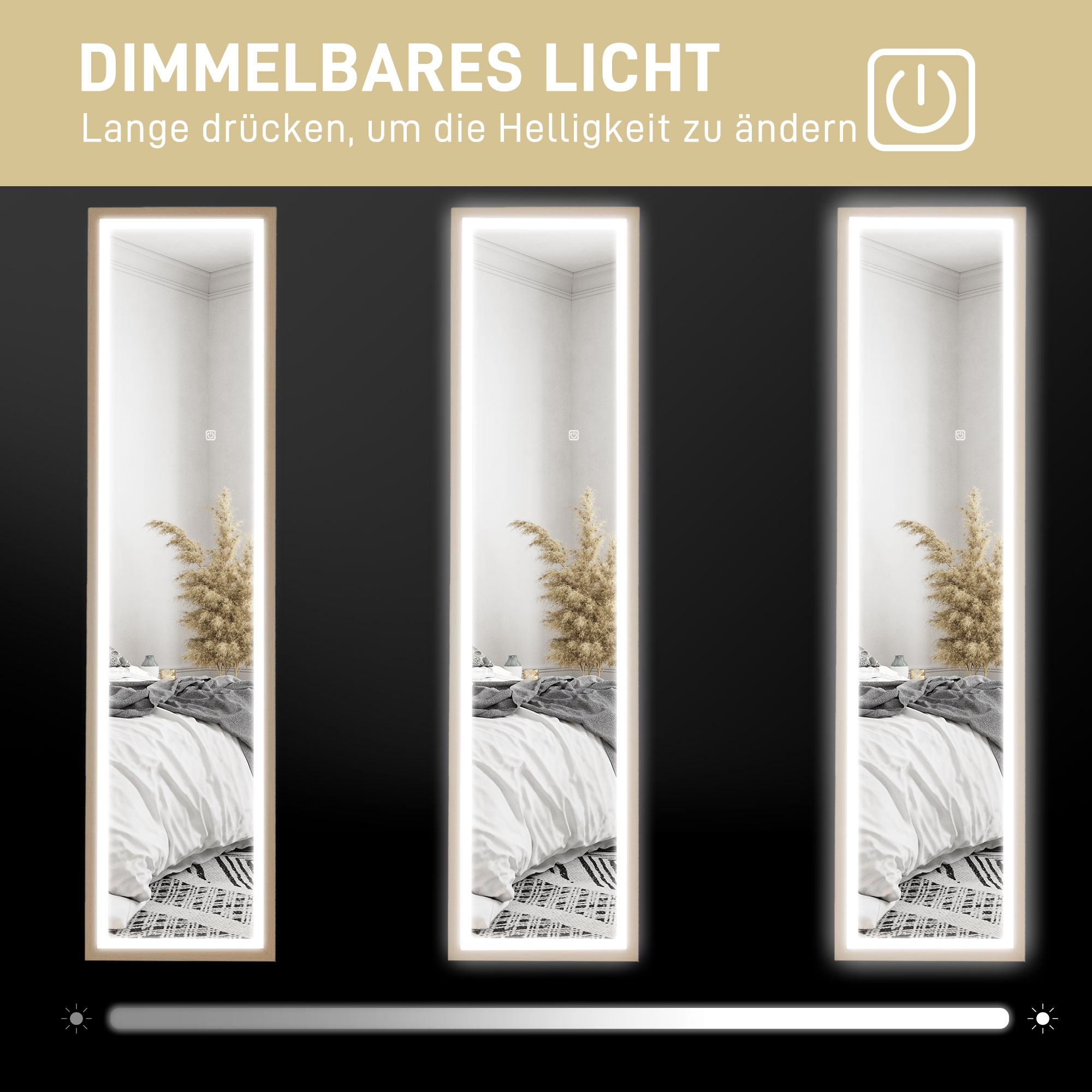 LED Ganzkörperspiegel, 40 x 160 cm, Touch-Steuerung, dimmbar, 3 Farben,  Eiche