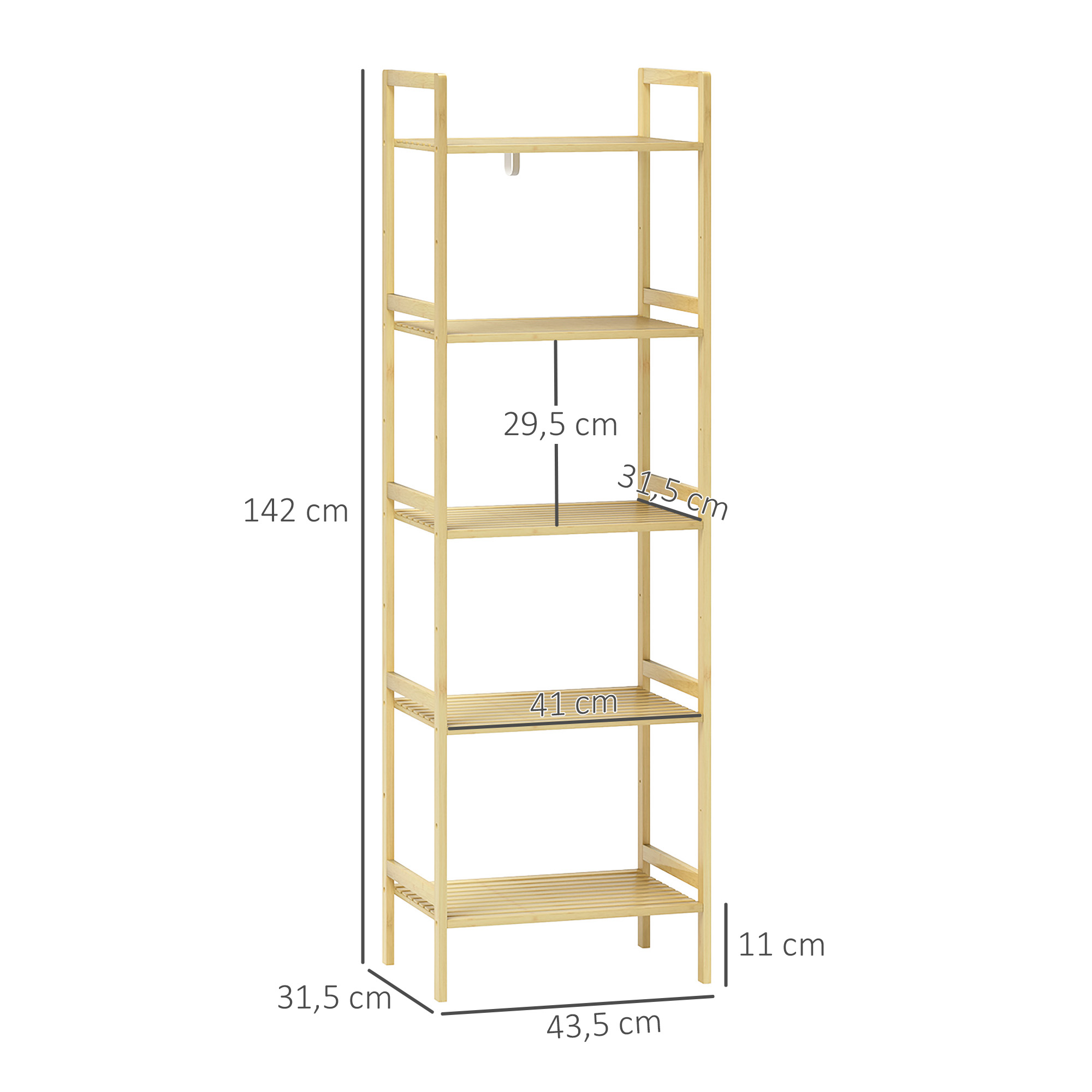 Bambus-Badezimmerregal mit 5 Ebenen, Aufbewahrungsregal mit verstellbaren Regalböden, 43,5 x 31,5 x 142 cm, Naturholz