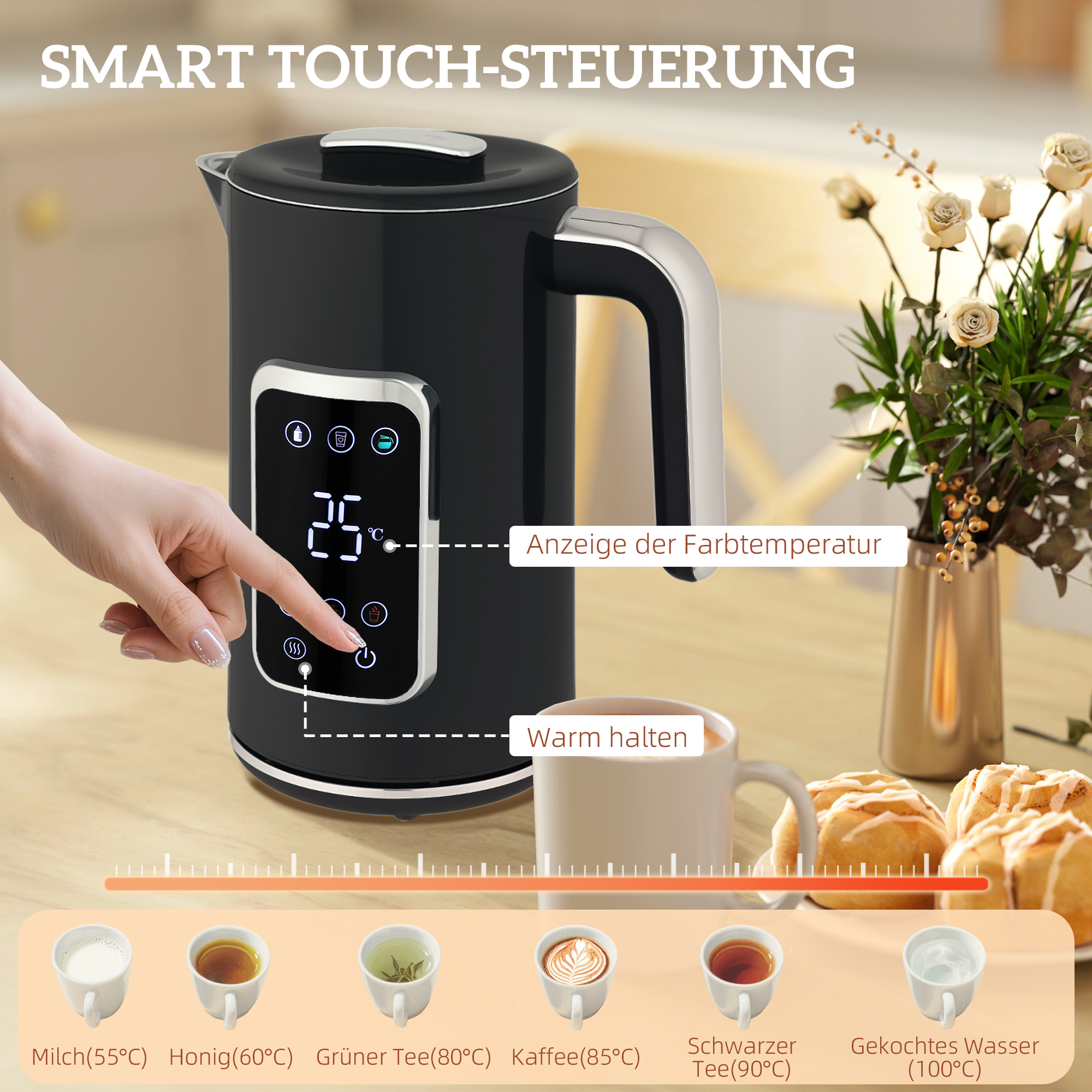 Wasserkocher und Toaster-Set mit LED-Touchscreen, 1,7 L, 2 Toasterschlitze, verschiedene Modi und Funktionen, Schwarz