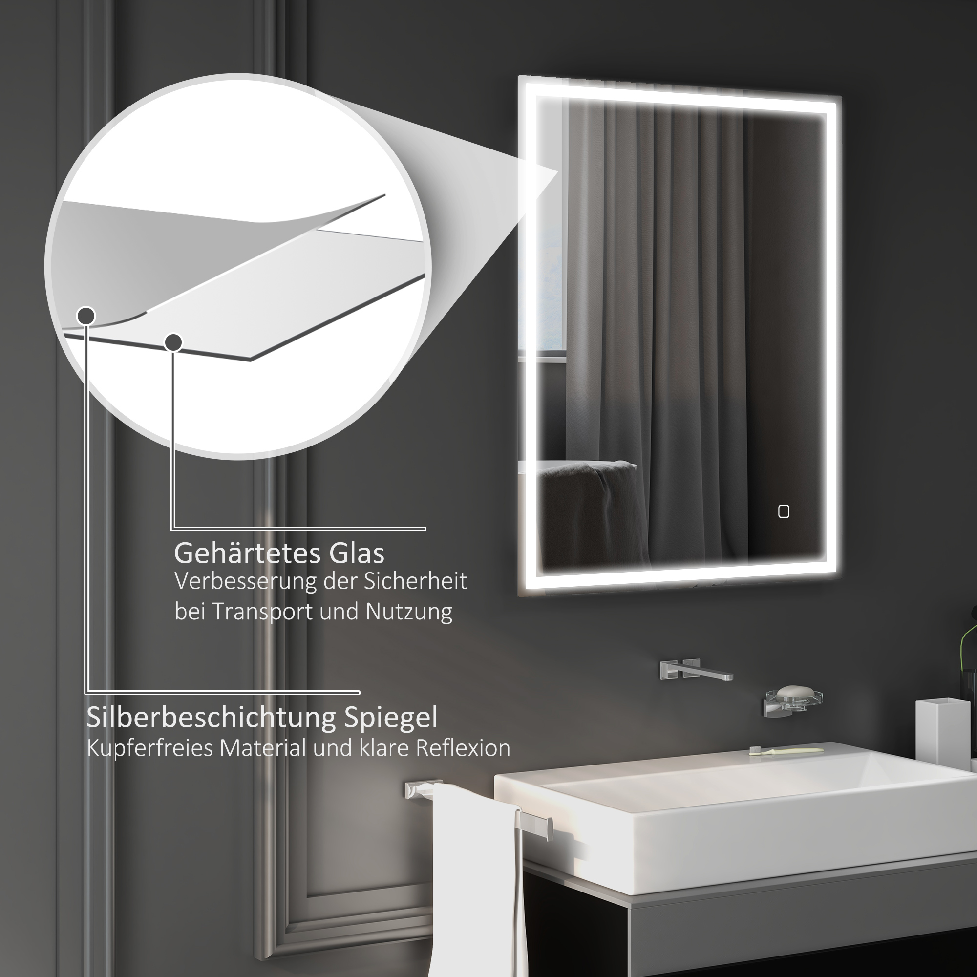 Badspiegel mit Beleuchtung 90x70 cm LED Spiegel Wandspiegel mit Memory-Funktion 3 Lichtfarben Silber