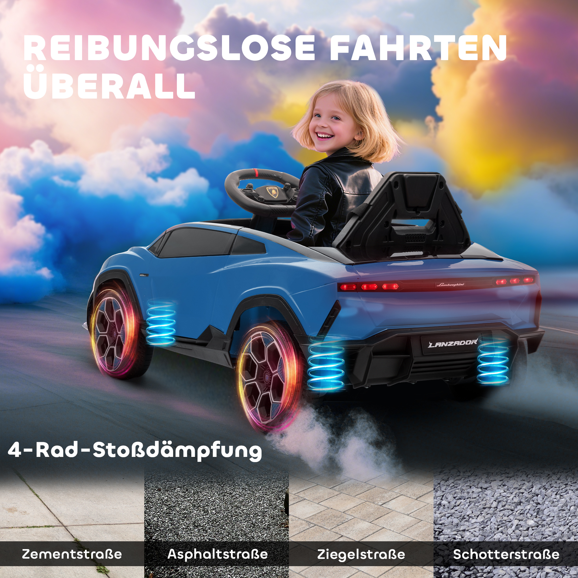 Kinder Elektroauto 12V Kinderauto mit 2,4 GHz Fernbedienung, 2 Motor, Hupe, LED, Musik, 101,5 x 49 x 43 cm, Blau