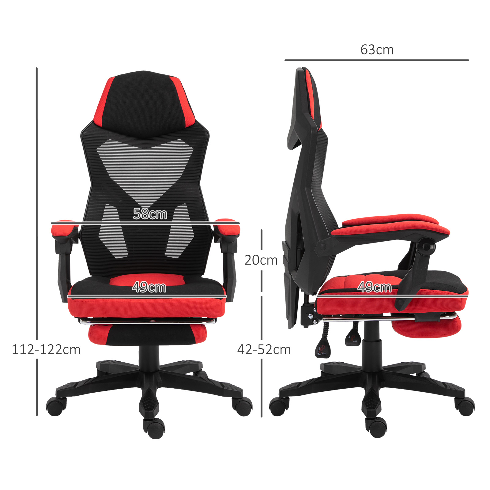 ergonomischer Bürostuhl, Gaming Stuhl, Drehstuhl mit Fußstütze, PC Stuhl, Chefsessel,  höhenverstellbar, Polyester, Schwarz+Rot,58 x 63 x 112-122 cm