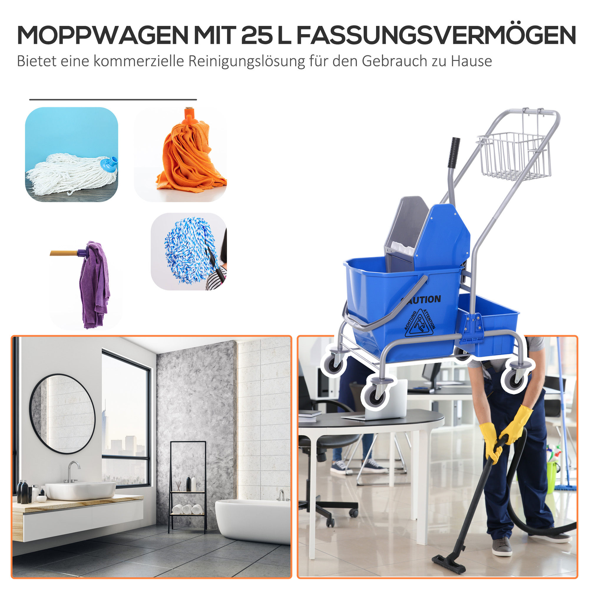 Reinigungswagen, Moppwagen, 25 L Fassungsvermögen, 4 Räder, Kunststoff, Blau