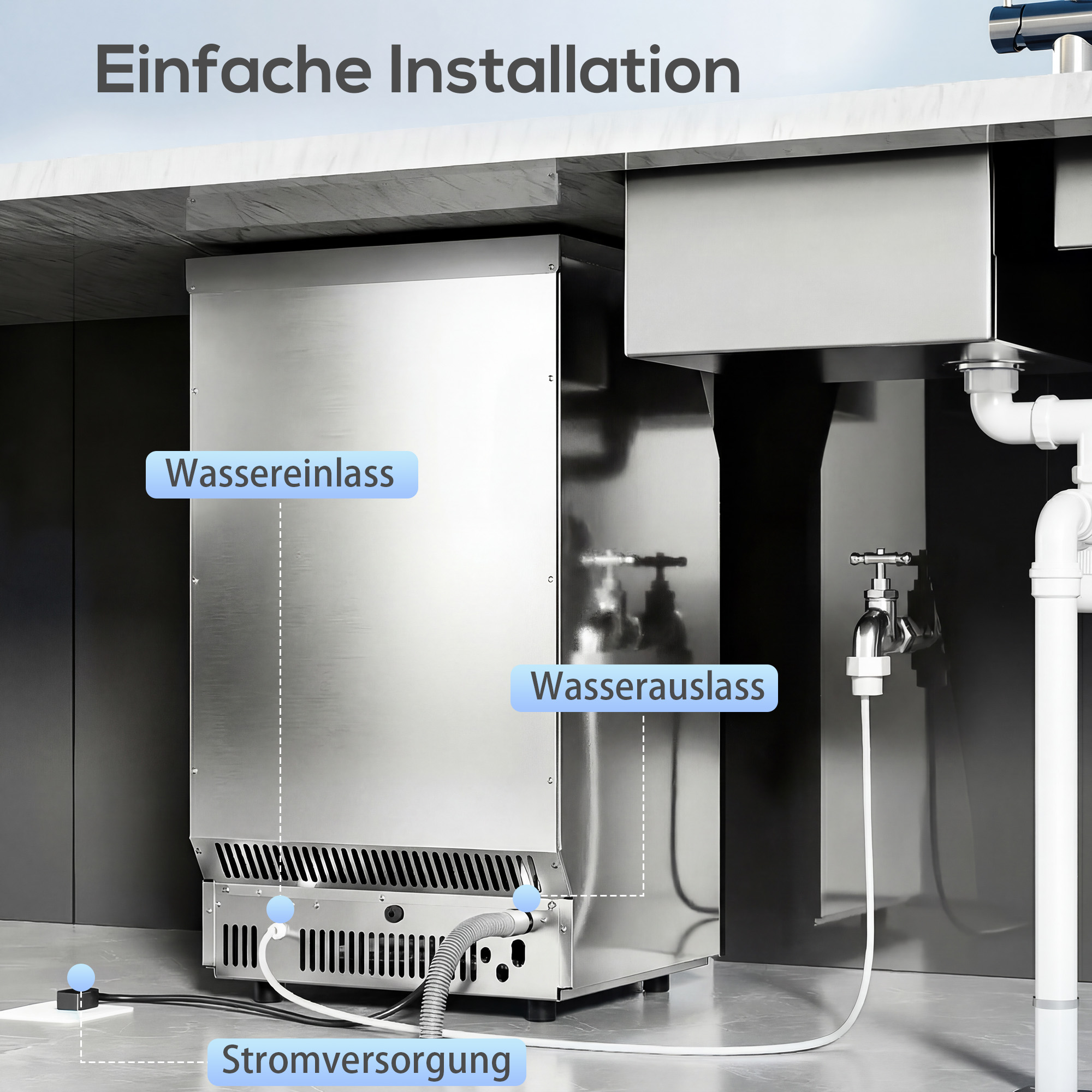 gewerblicher Eiswürfelbereiter 45 kg/24 Std., Edelstahl, mit 15 kg Speicher, Selbstreinigung, Silber