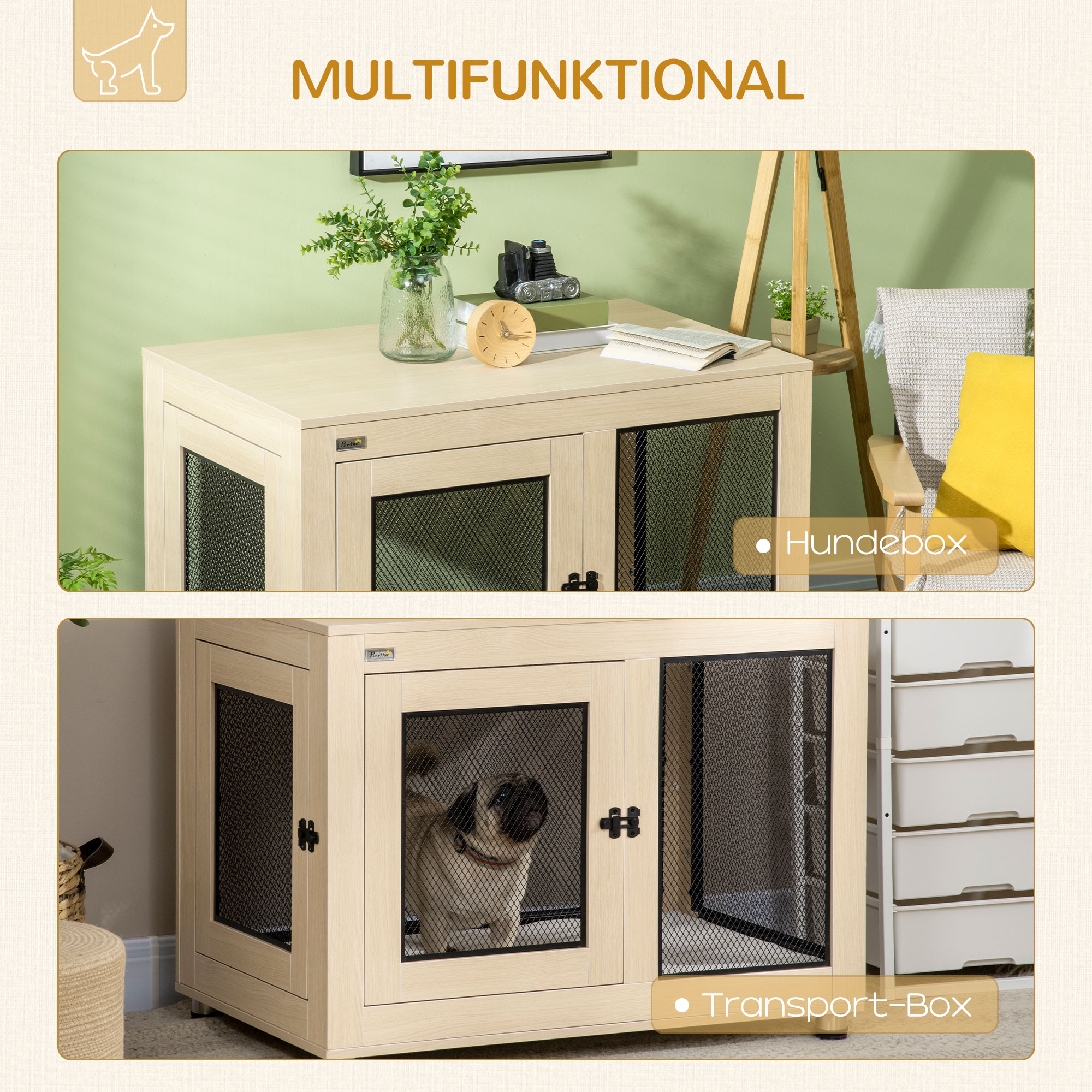 Hundebox Hundekäfig, Modernes Design, verriegelbar, 2 Türen, 94 cm x 60 cm x 71,5 cm, Natur + Schwarz