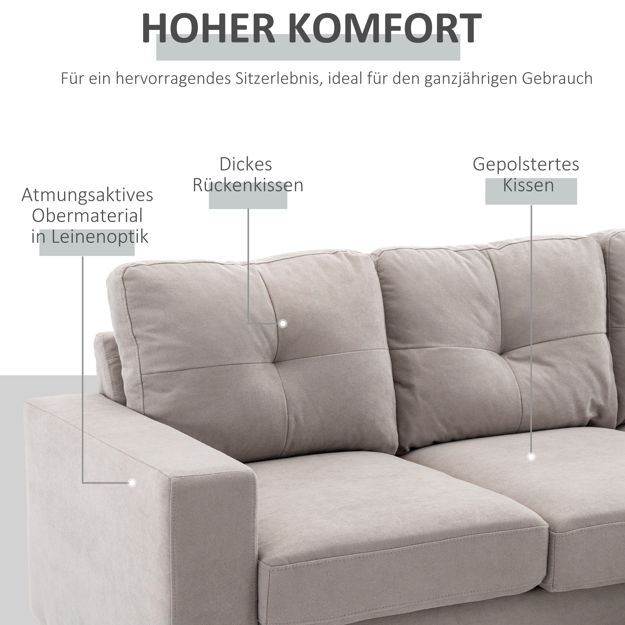 3-Sitzer-Ecksofa, Leinenoptik, Wendbare Chaiselongue, 193x136x85 cm, Hellgrau