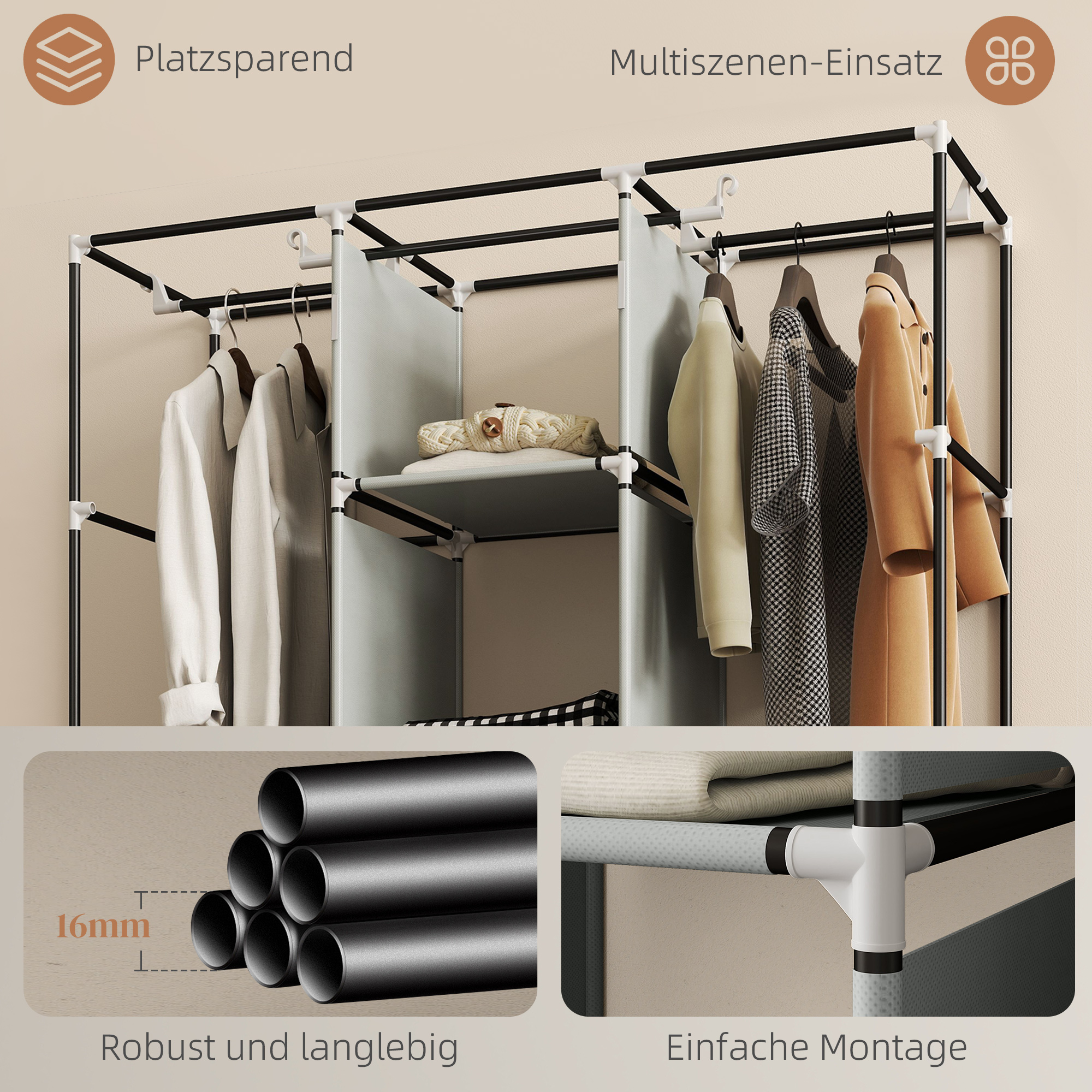 Stoffschrank aus Vlies, Faltschrank, inkl. 3 Schubladen, 125 cm x 43 cm x 162,5 cm, Hellgrau