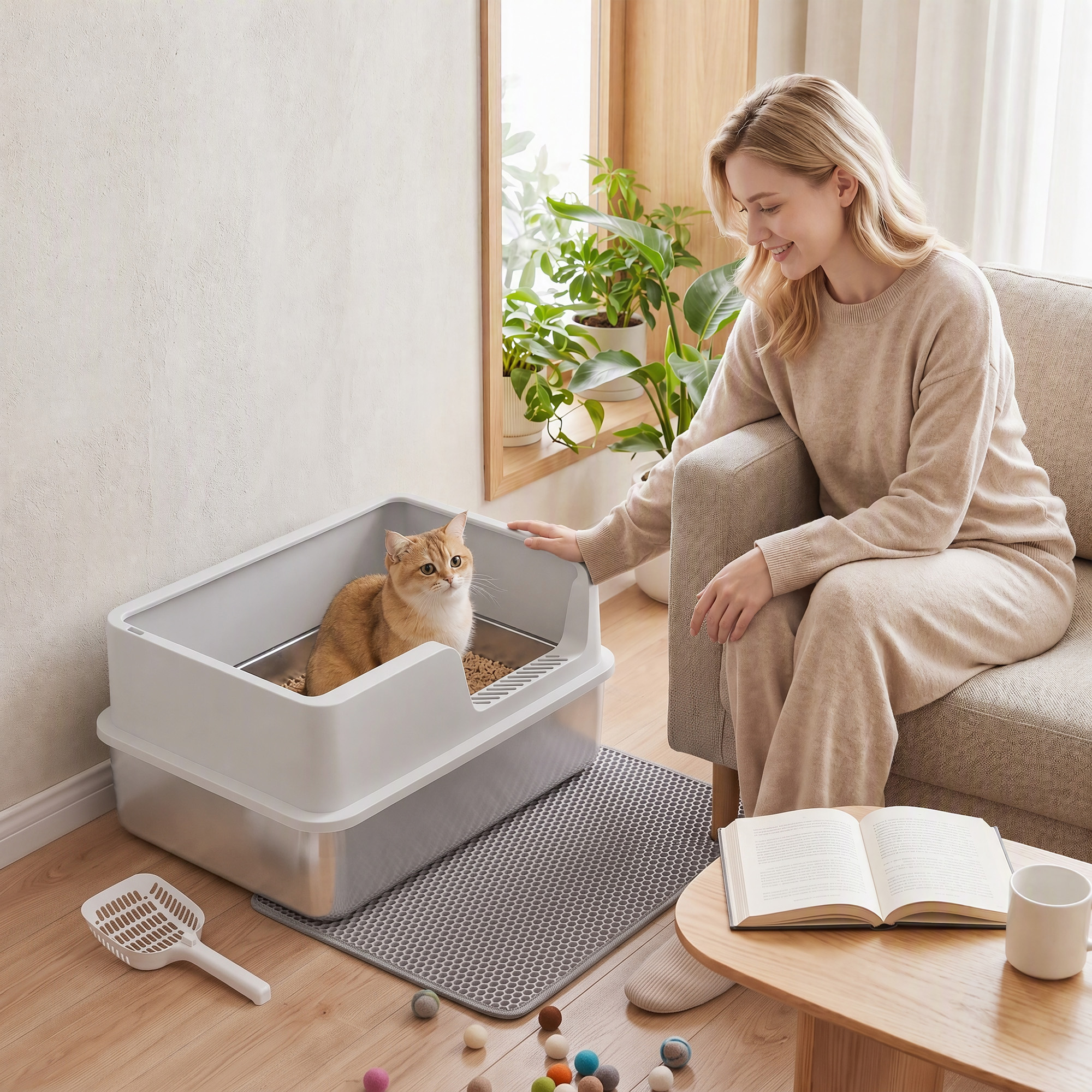 Katzentoilette XL Edelstahl mit Deckel, hohe Seitenwände, Schaufel Bürste Matte für Kätzchen bis 8 kg Hellgrau