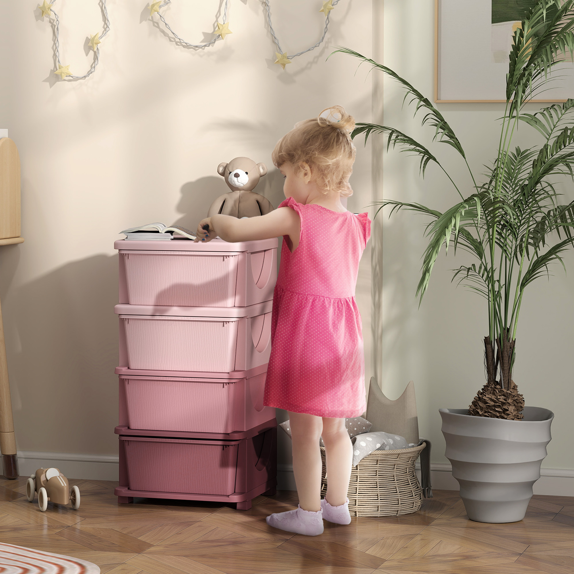 Aufbewahrungsboxen für Kinder, 4 Schubladen, abgerundete Kanten, erhöhtes Design, 37x37x76 cm, Rosa