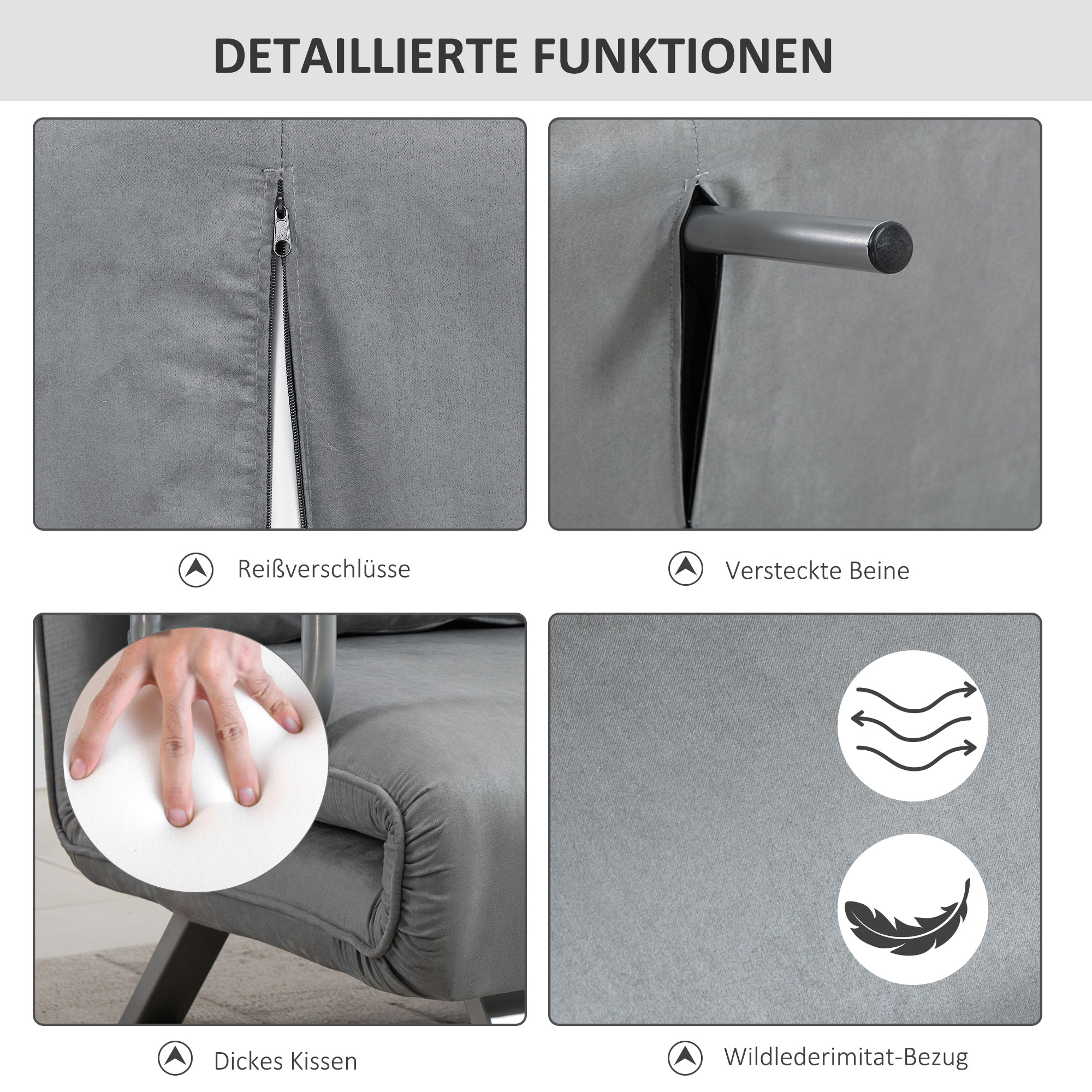 Schlafsofa, Doppelsofa, Gästebett, inklusive 2 Kissen, Grau