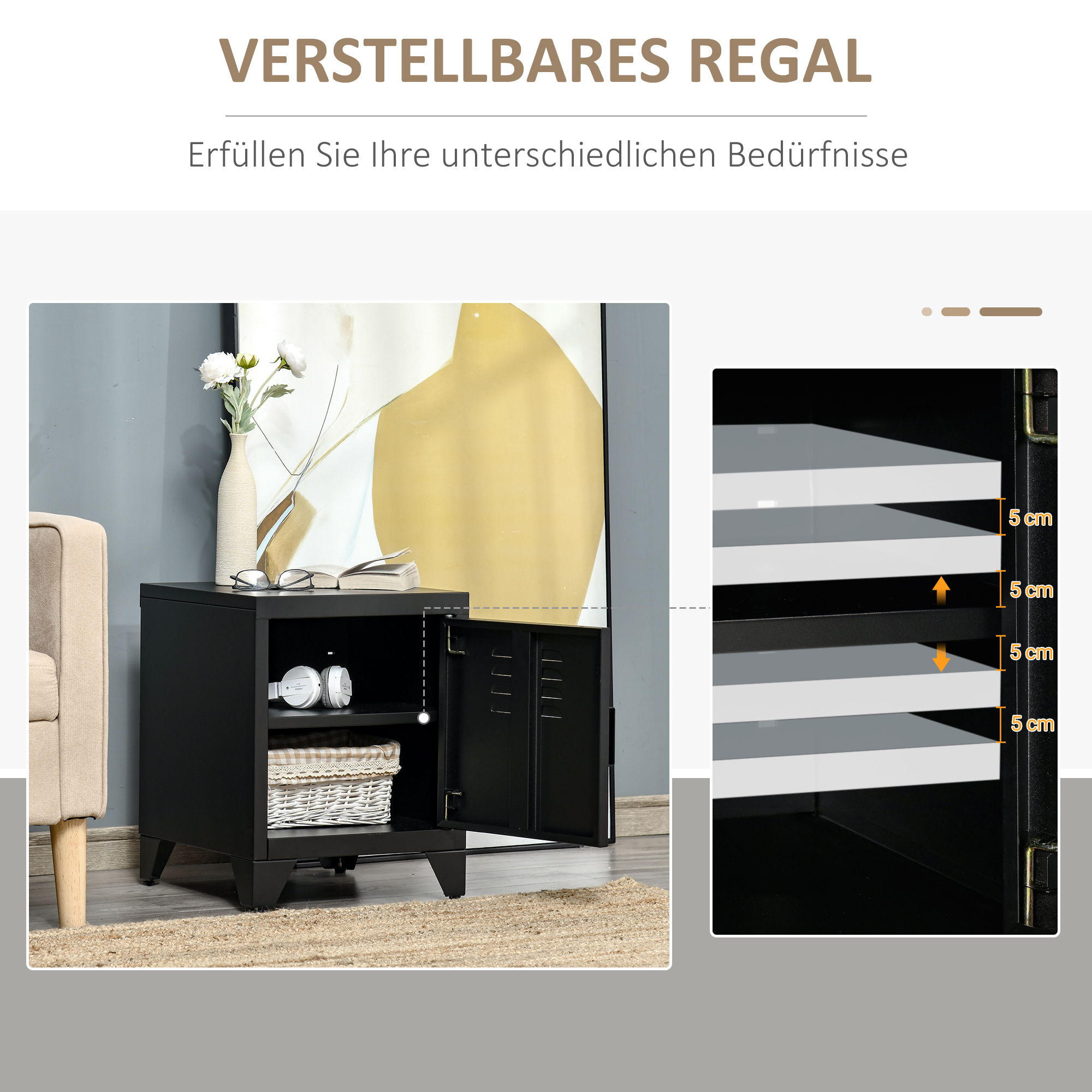 Nachttisch, Beistelltisch mit verstellbarem Regal, Tür, Nachtschrank für Schlafzimmer, Wohnzimmer, Metall, Schwarz, 50 x 40 x 47,5 cm
