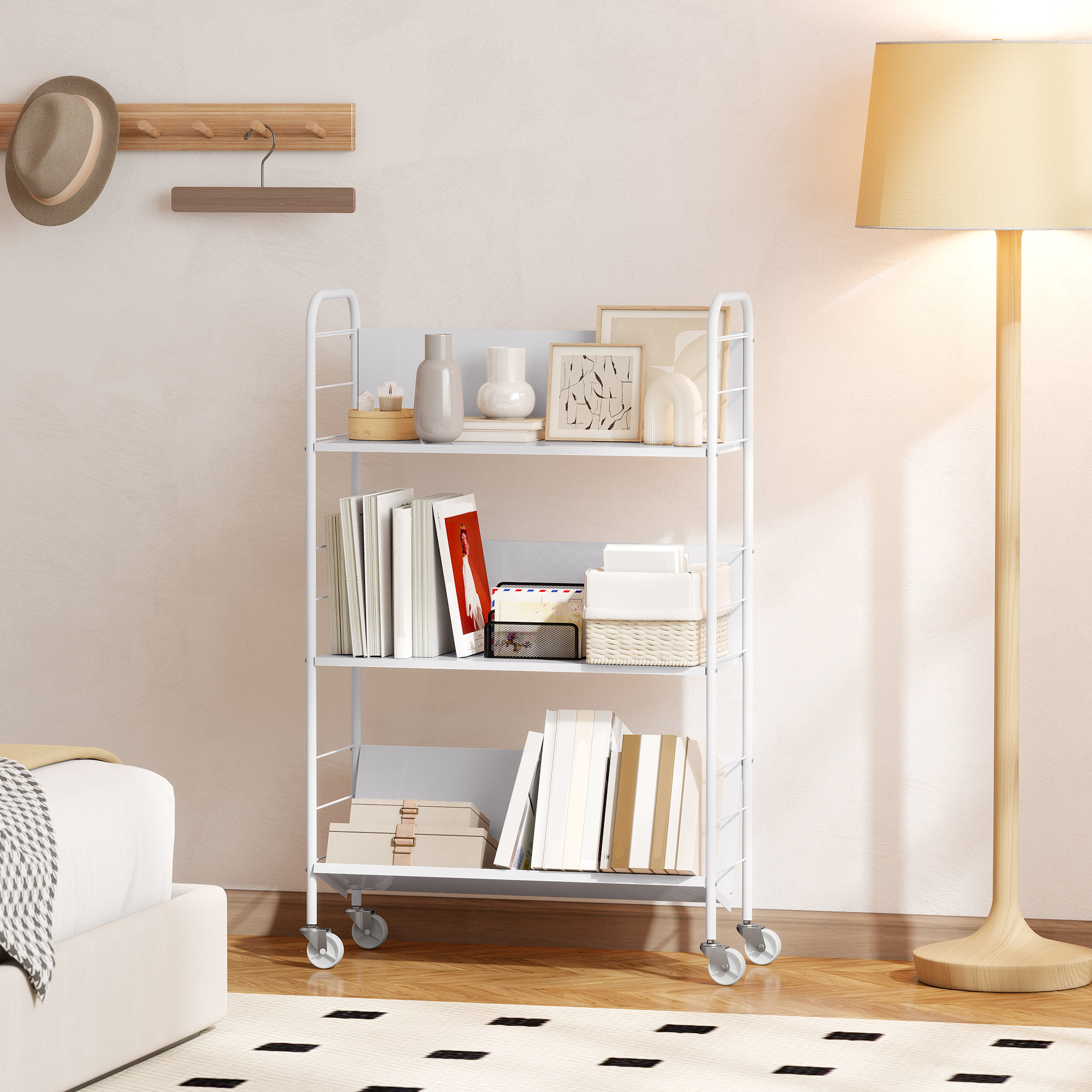 Bücherregal Aufbewahrungsregal mit 3 Ebenen, Rädern, Spielzeugregal für Schlafzimmer, 69 x 26 x 108 cm, Weiß