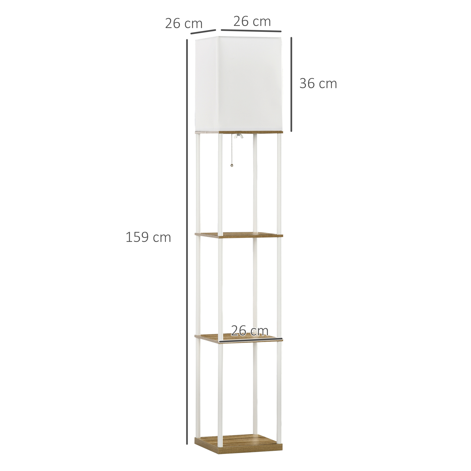 Standleuchte, Deckenfluter, mit Regalen, Metallrahmen, Stoffschirm, 26x26x159cm, Weiß/Braun