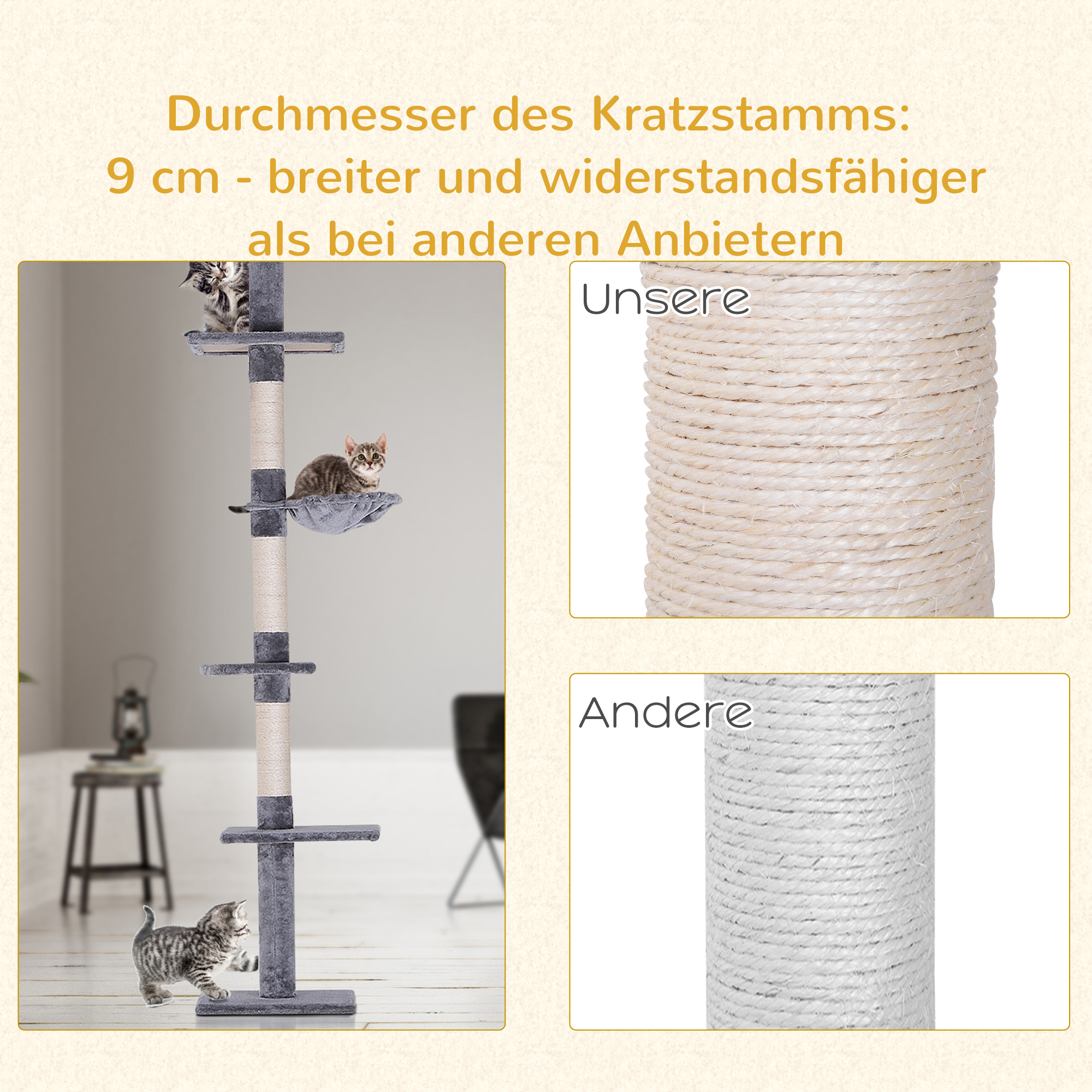 Kratzbaum Deckenhoch höhenverstellbar, stabiler Katzenbaum mit Sisalsäulen, Katzen Kletterbaum, Grau, 40 x 34 x 230-260 cm