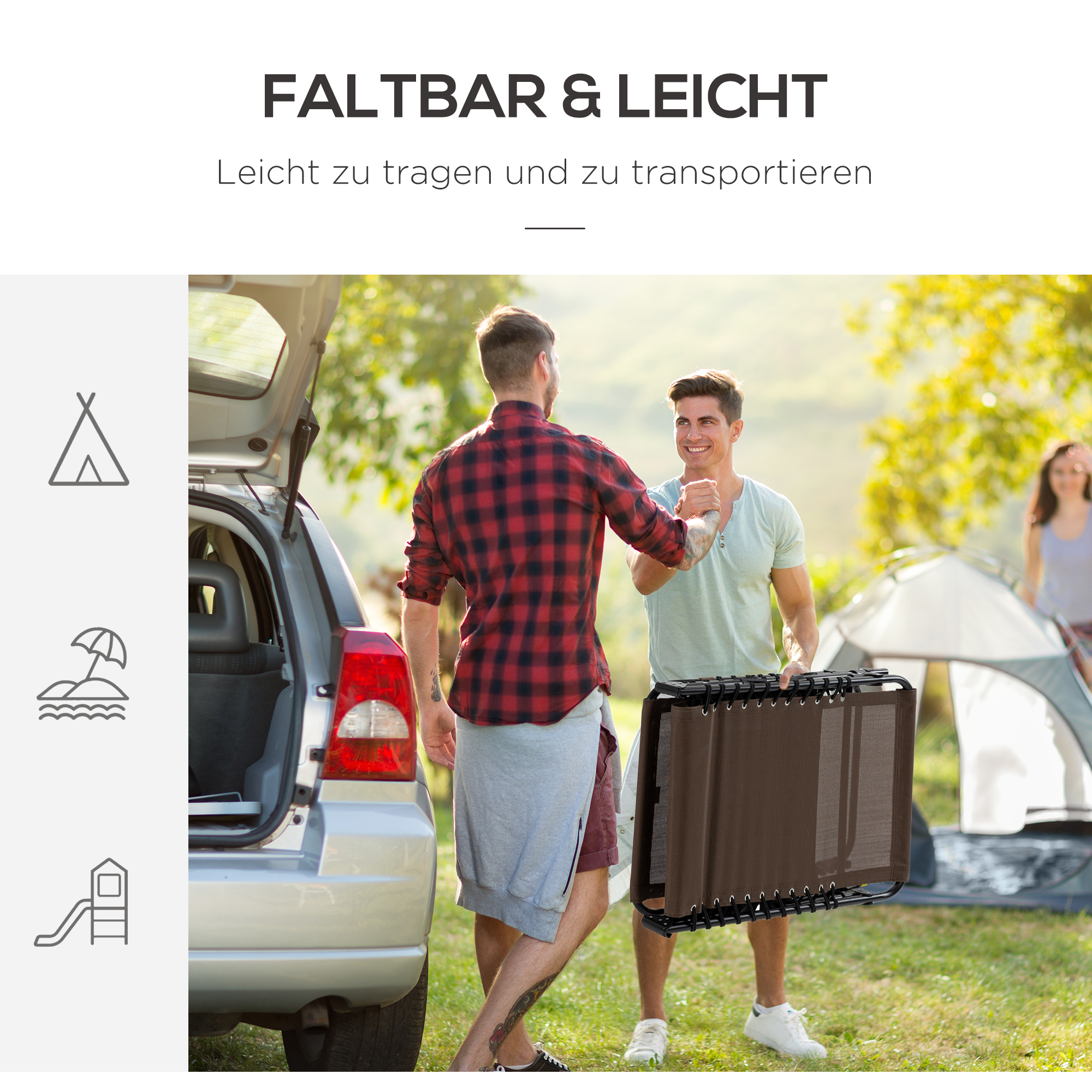 Liegestuhl, Zusammenklappbare Liege mit Nackenkissen, Stahlrahmen, Netzstoffbezug, 120 kg Belastbarkeit, Braun