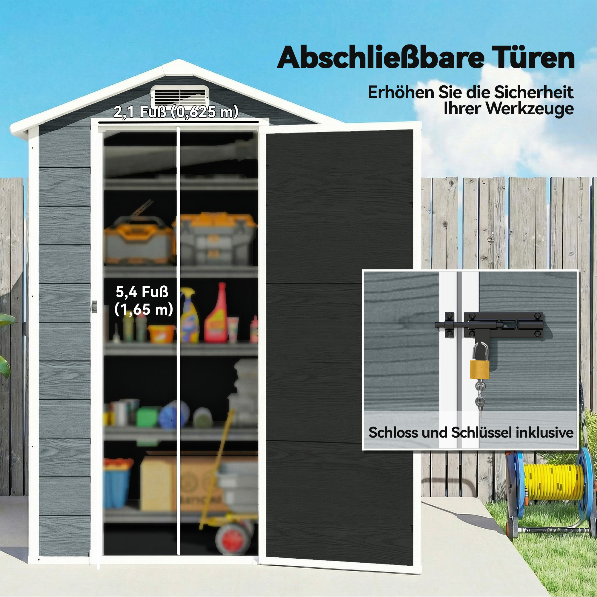 Gerätehaus 1,1 m² Geräteschuppen mit Holzoptik Fenster Satteldach Belüftung Boden Schloss Handschuhe Grau