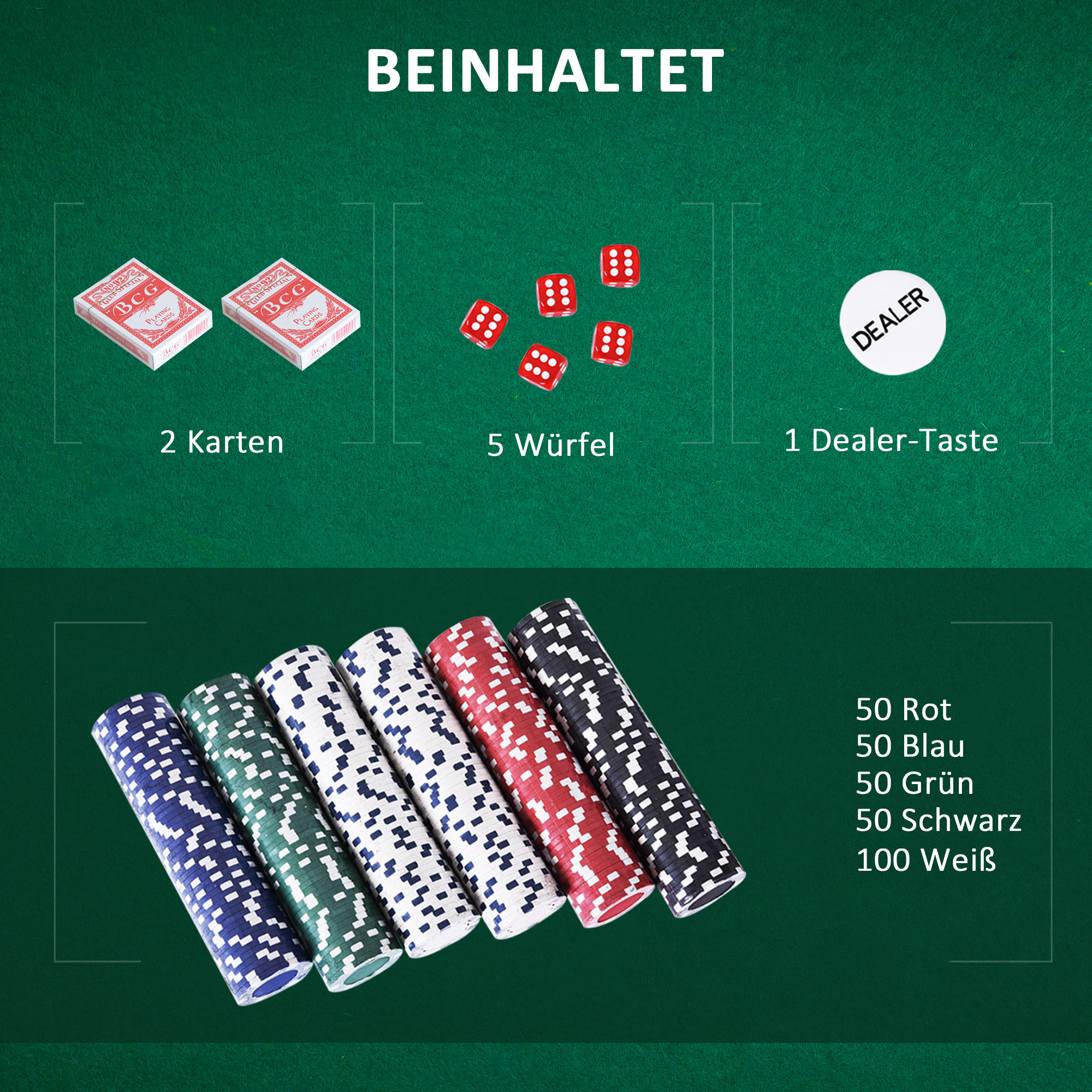Pokerset, 500 Chips, 2 Kartendecks, 5 Würfel, Aluminium-Koffer, verschließbar