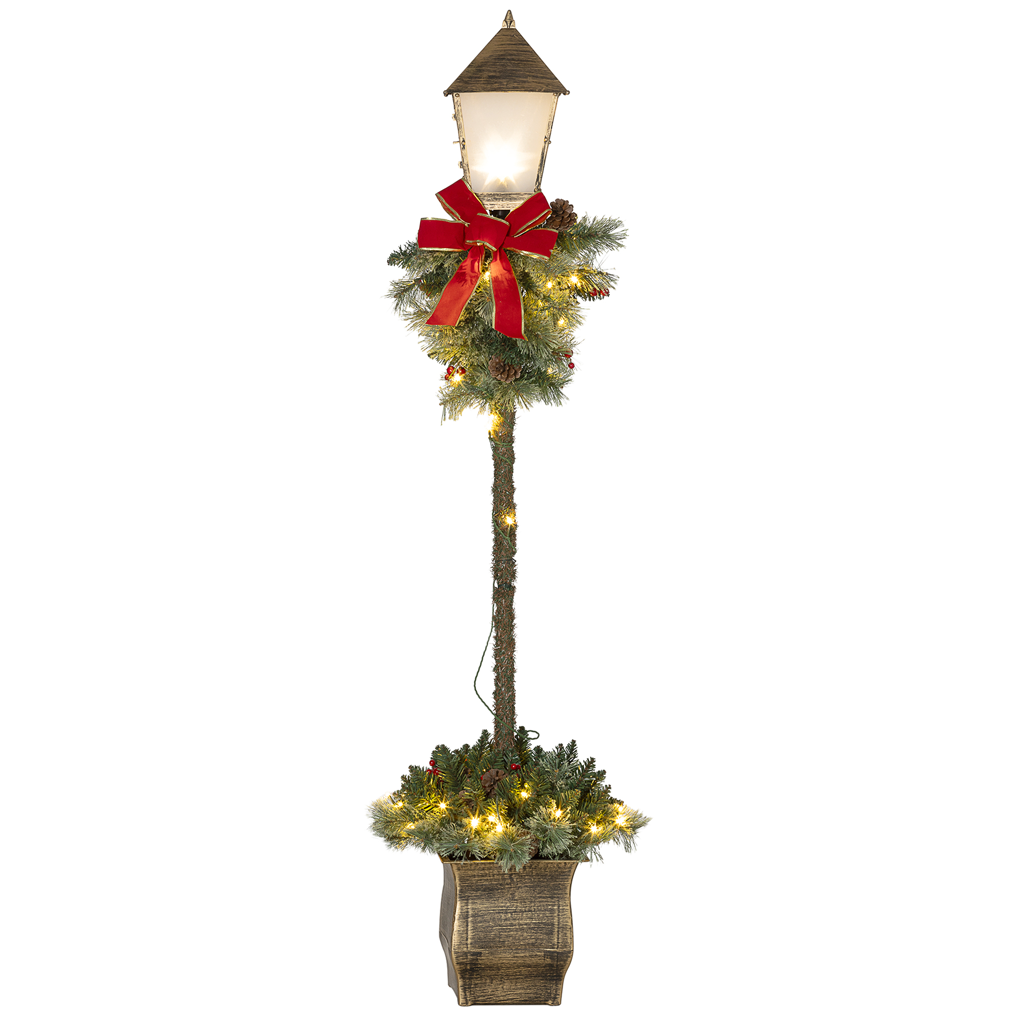Weihnachtslaterne mit Beeren, Zapfen & Schleife, LED-Lichter, Metallmast, 150 cm