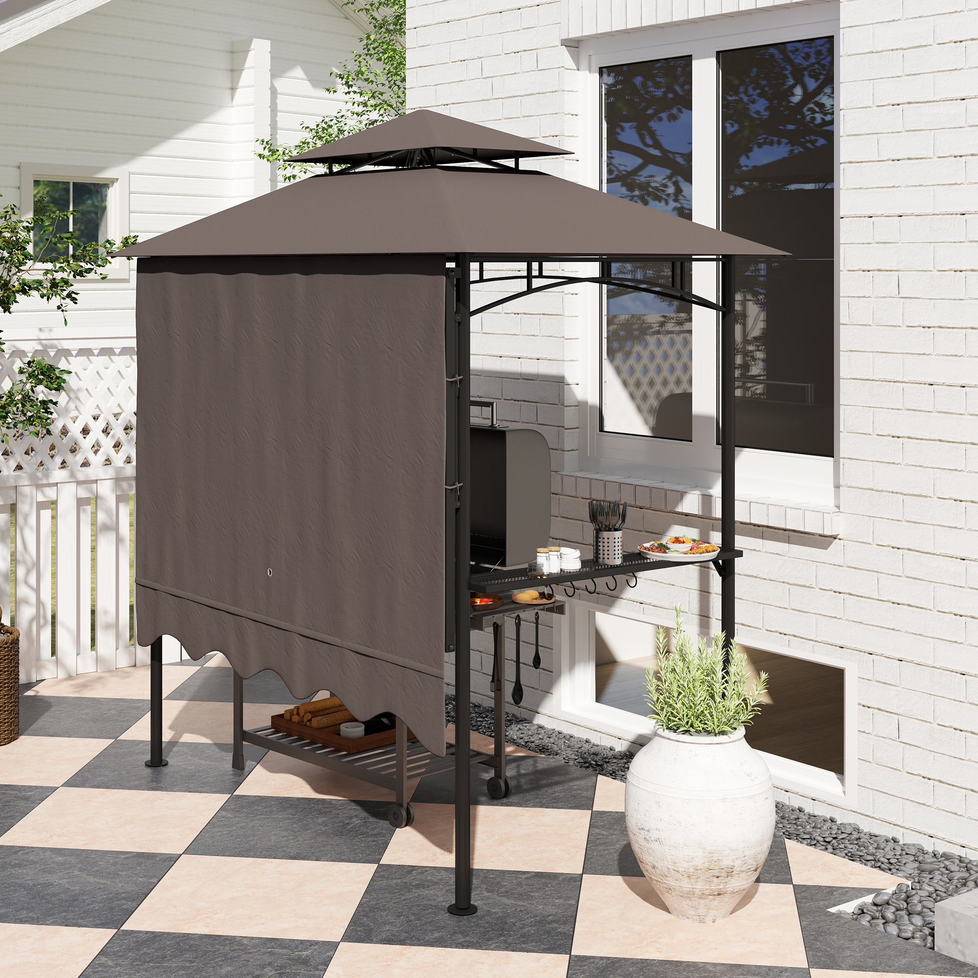 Grillpavillon 242x149x248 cm wasserabweisend flammhemmend Gartenpavillon mit Doppelschichtdach Kaffee